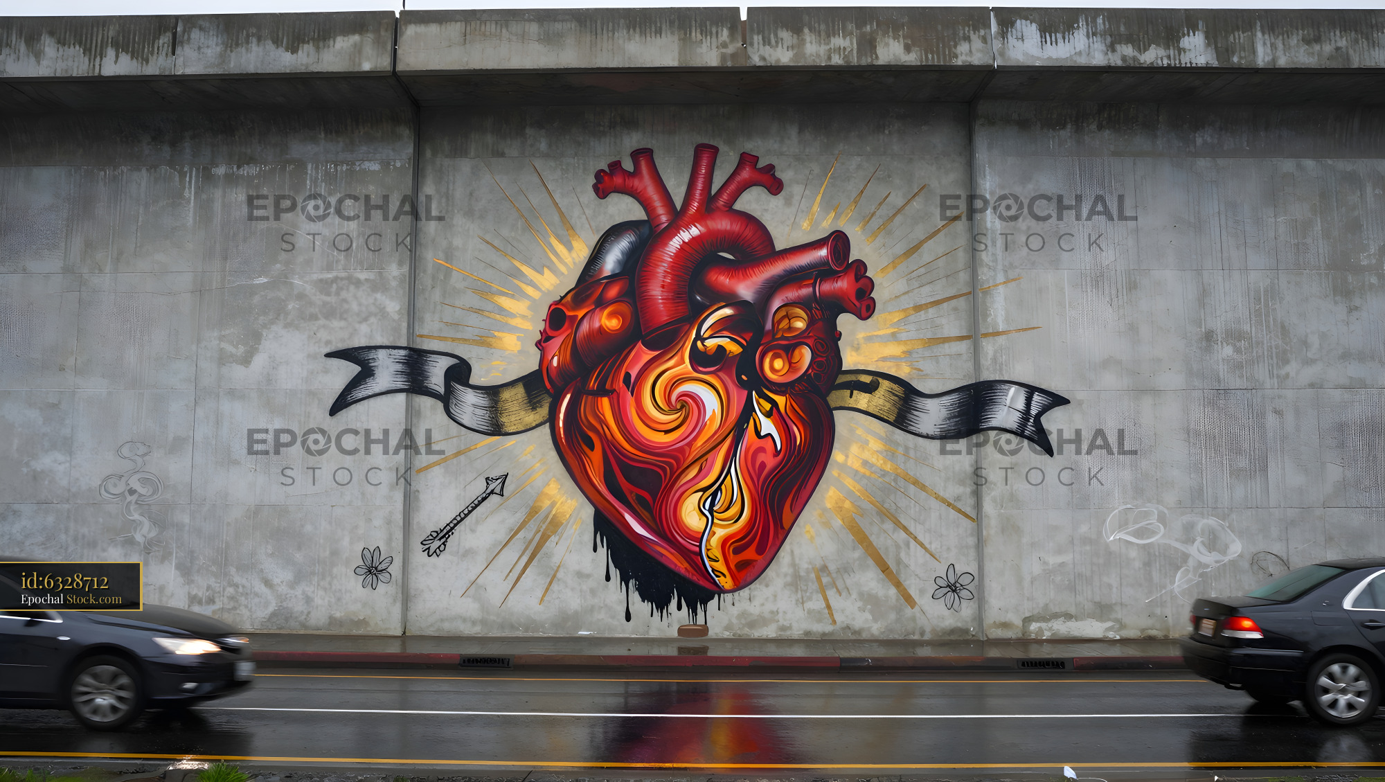 Mural of a heart on a city wall during a rainy day Premium Stock Photo