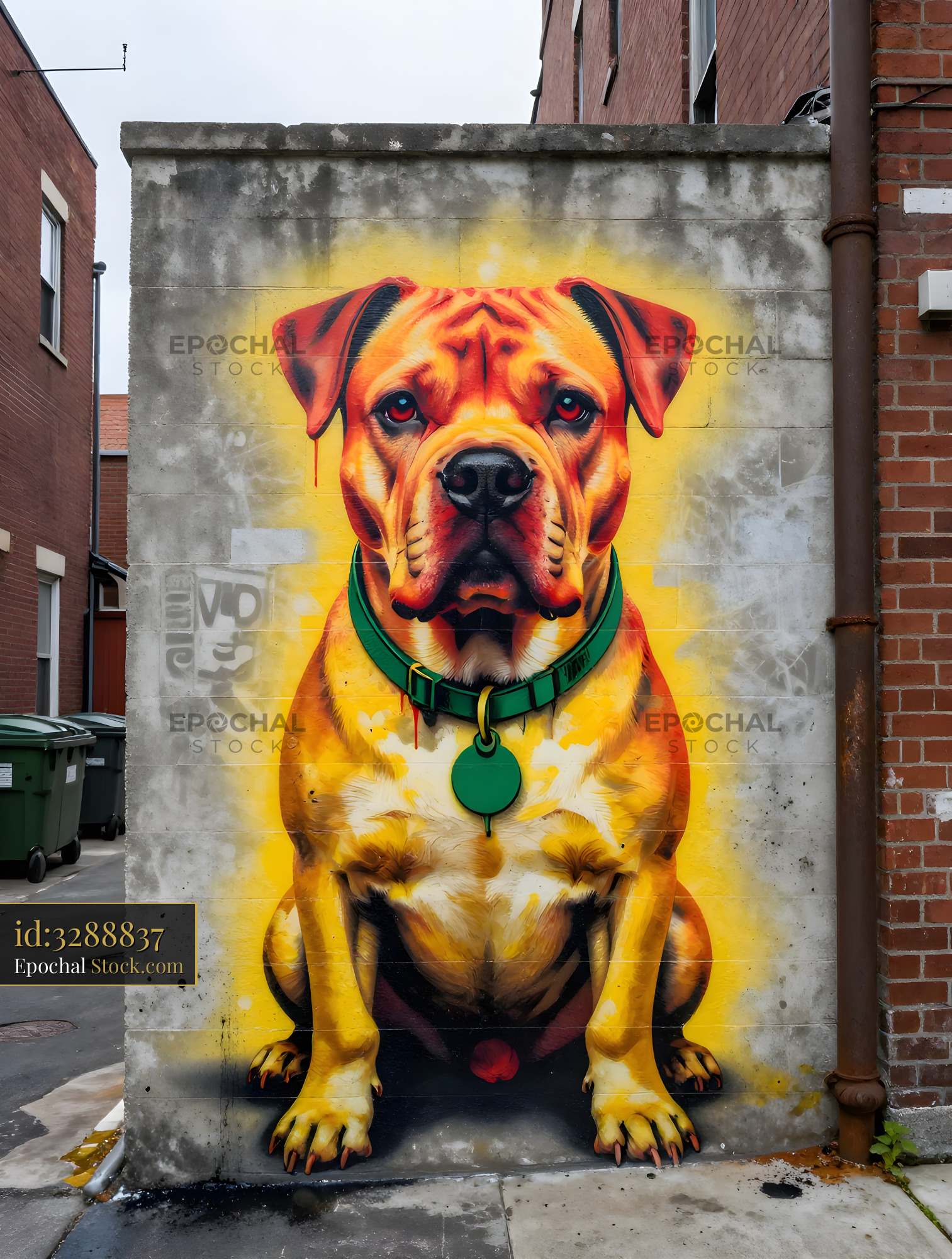 Colorful dog mural on a city wall in an urban area Premium Stock Image