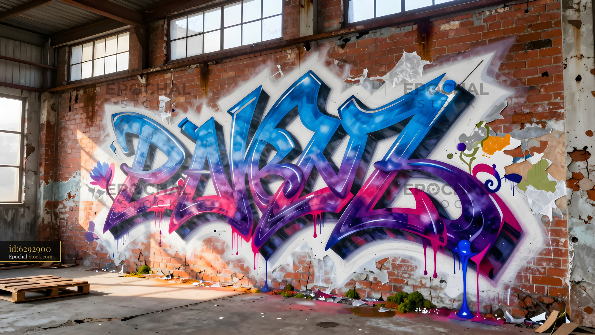 Colorful graffiti art on a brick wall in an old building Premium Stock Photo