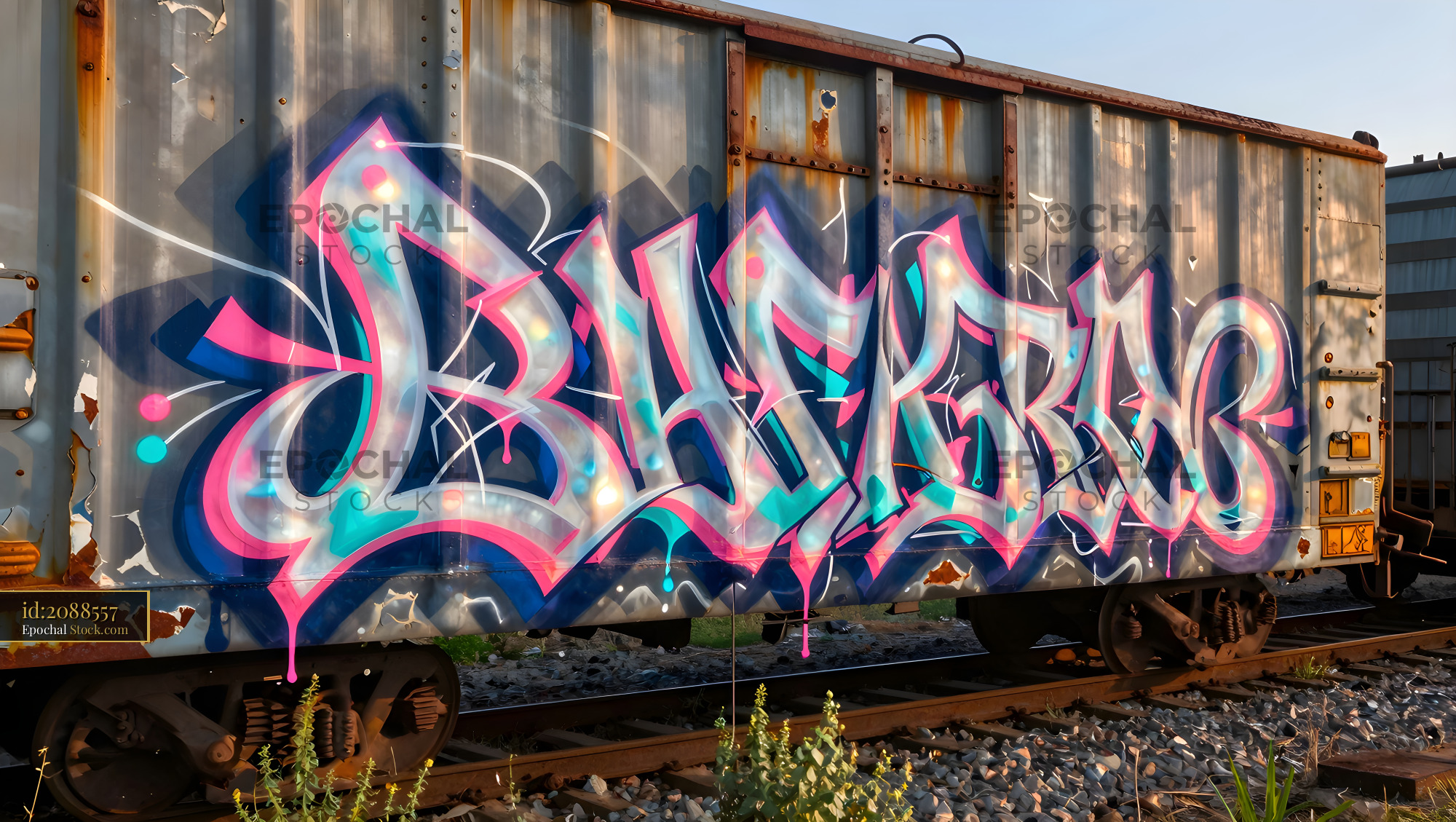 Colorful graffiti on a train car in the evening light Premium Stock Photo