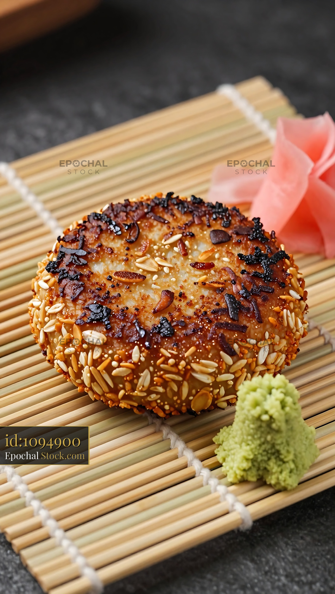 Goetta Patty with Sesame on Bamboo Mat - stock photo