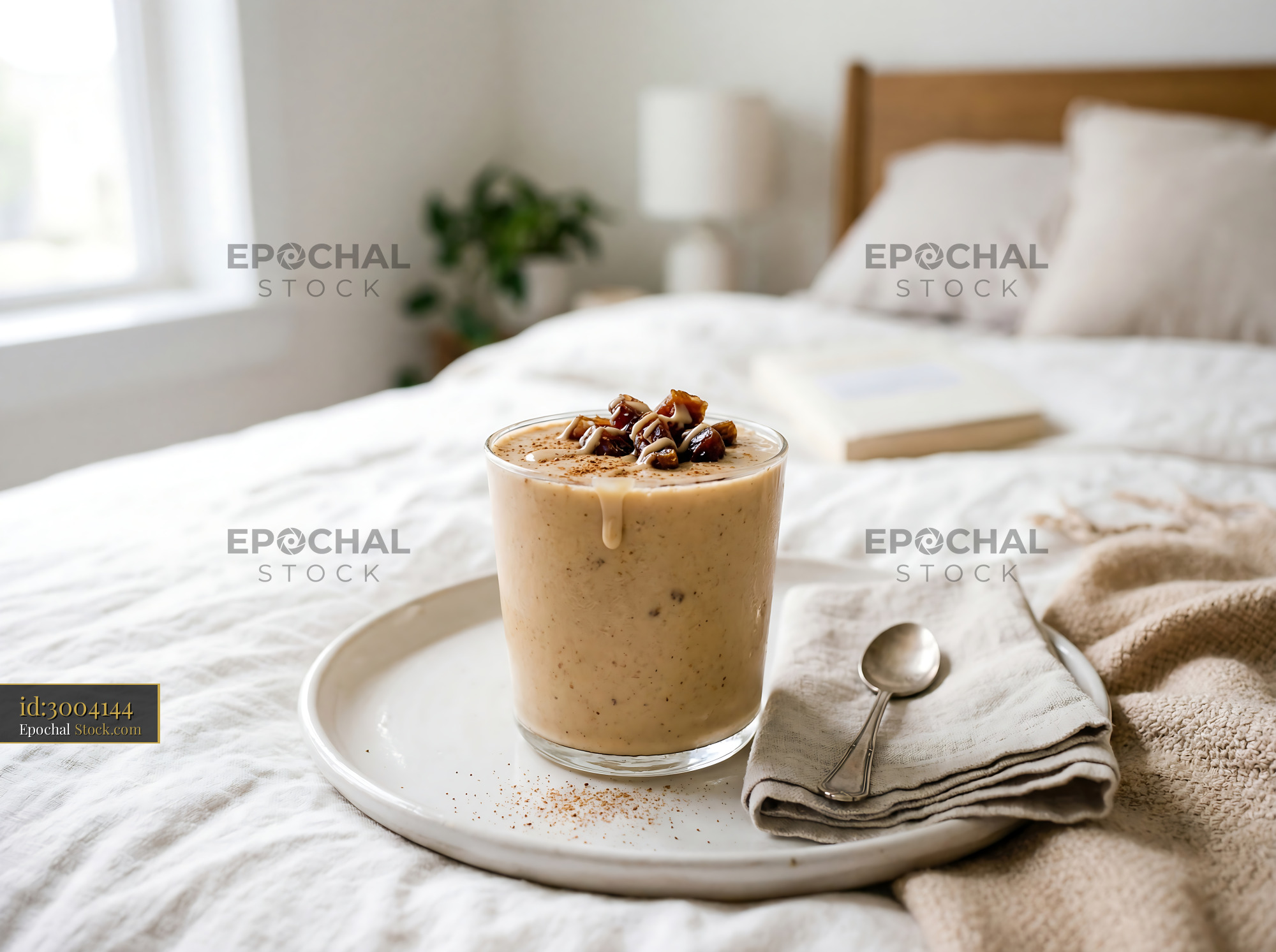 Tahini Date Shake Breakfast in Bed - stock photo