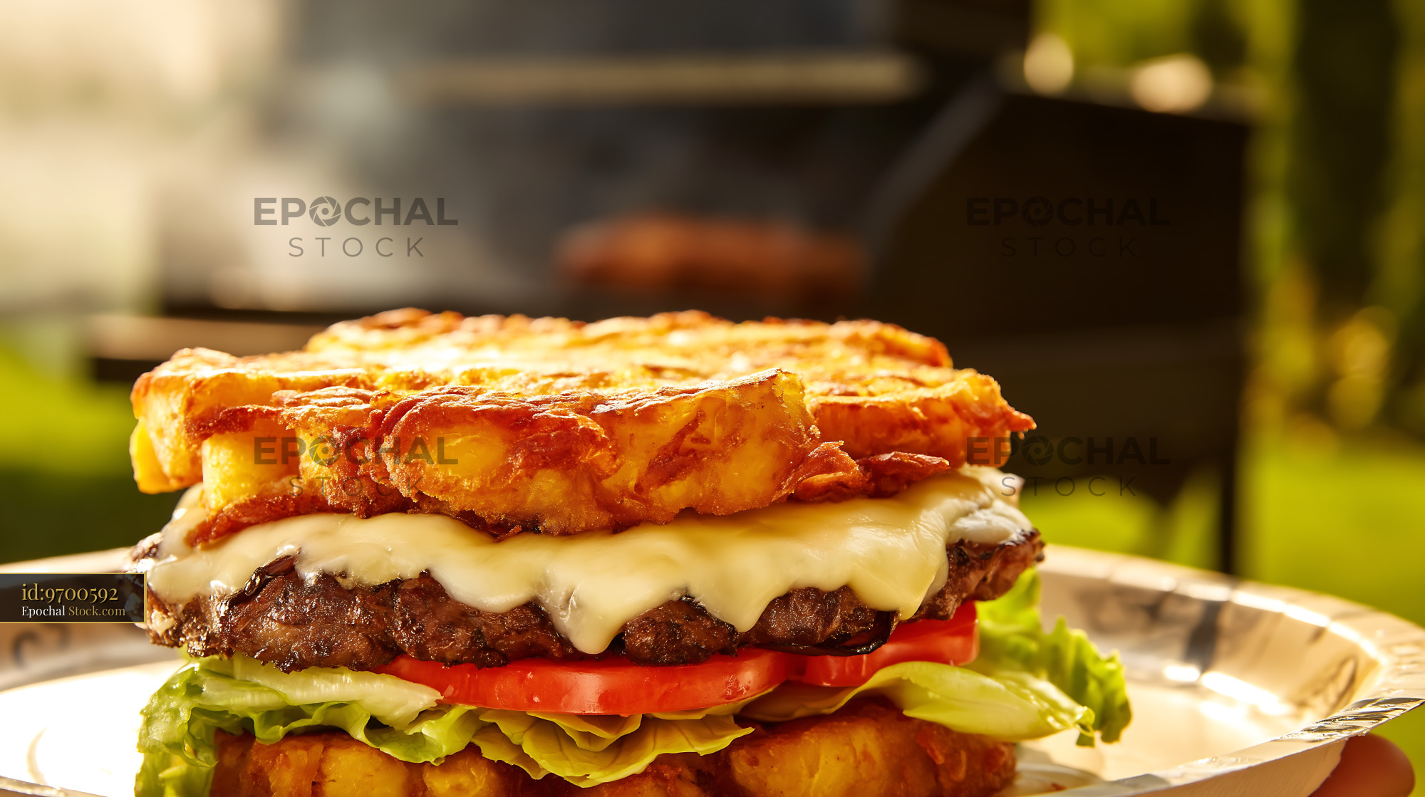 Gourmet Jibarito Burger With Melted Cheese and Crispy Plantain Bun - stock photo