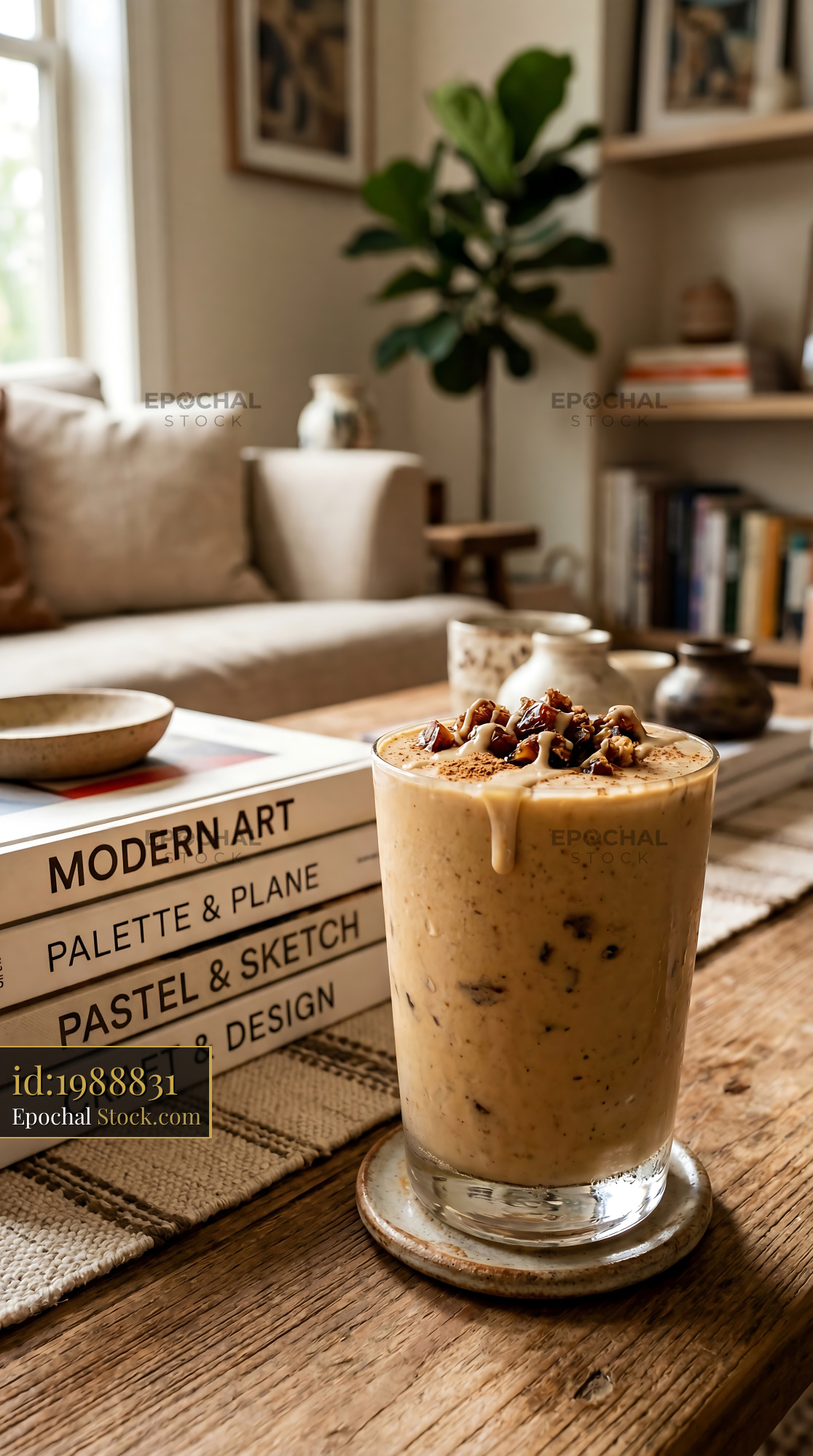 Tahini Date Shake on Wooden Coffee Table - stock photo