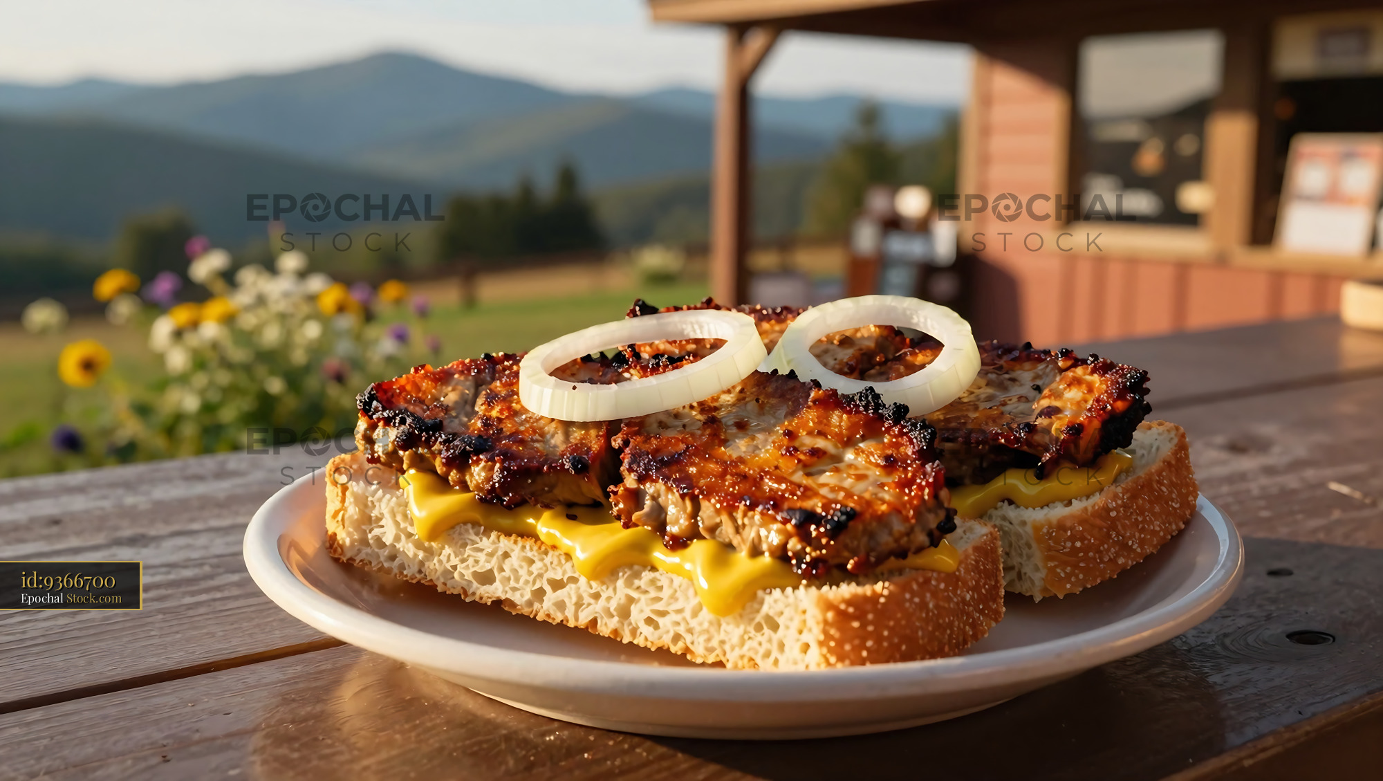 Livermush Sandwich with Cheese and Onions Outdoors - stock photo