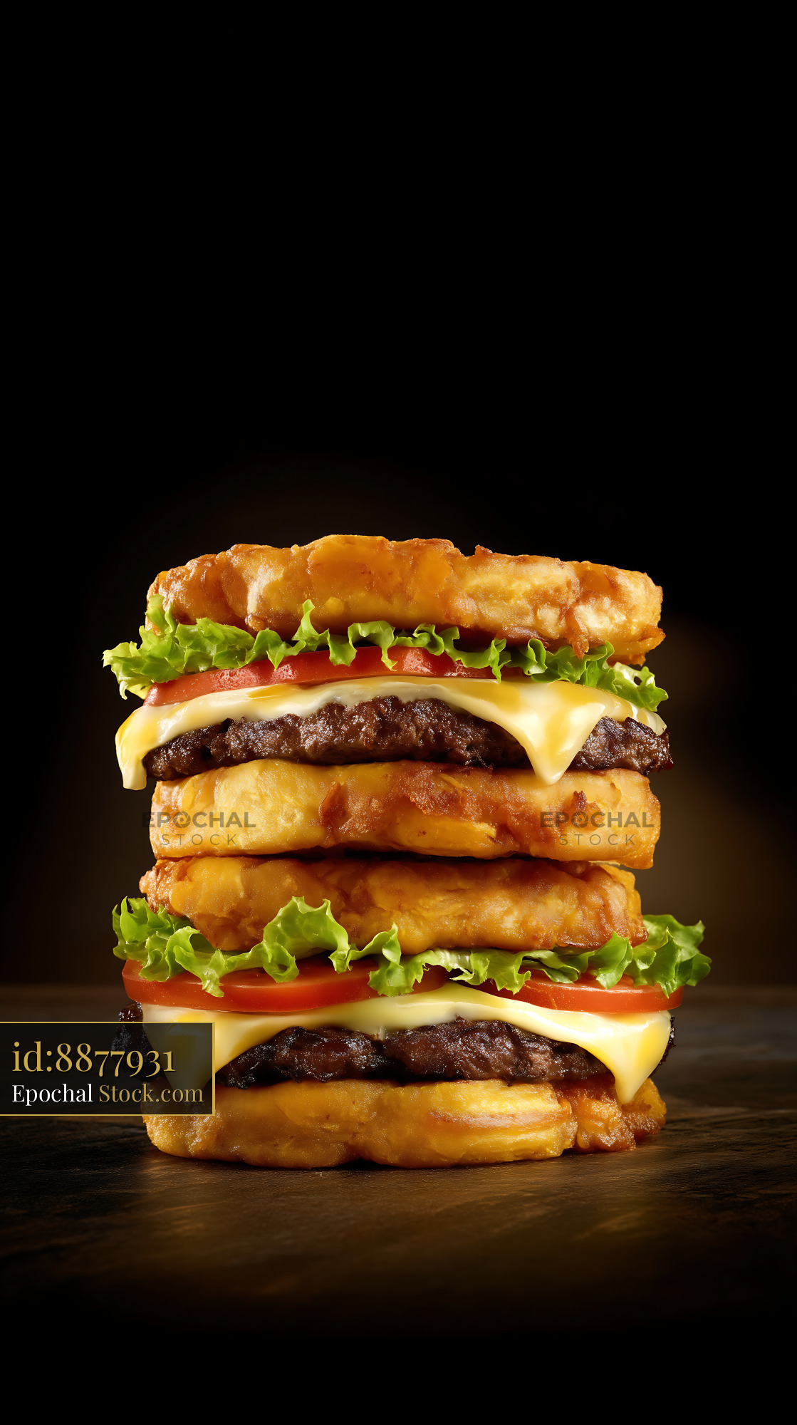 Jibarito Burger Double Stack with Melted Cheese and Fresh Toppings - stock photo