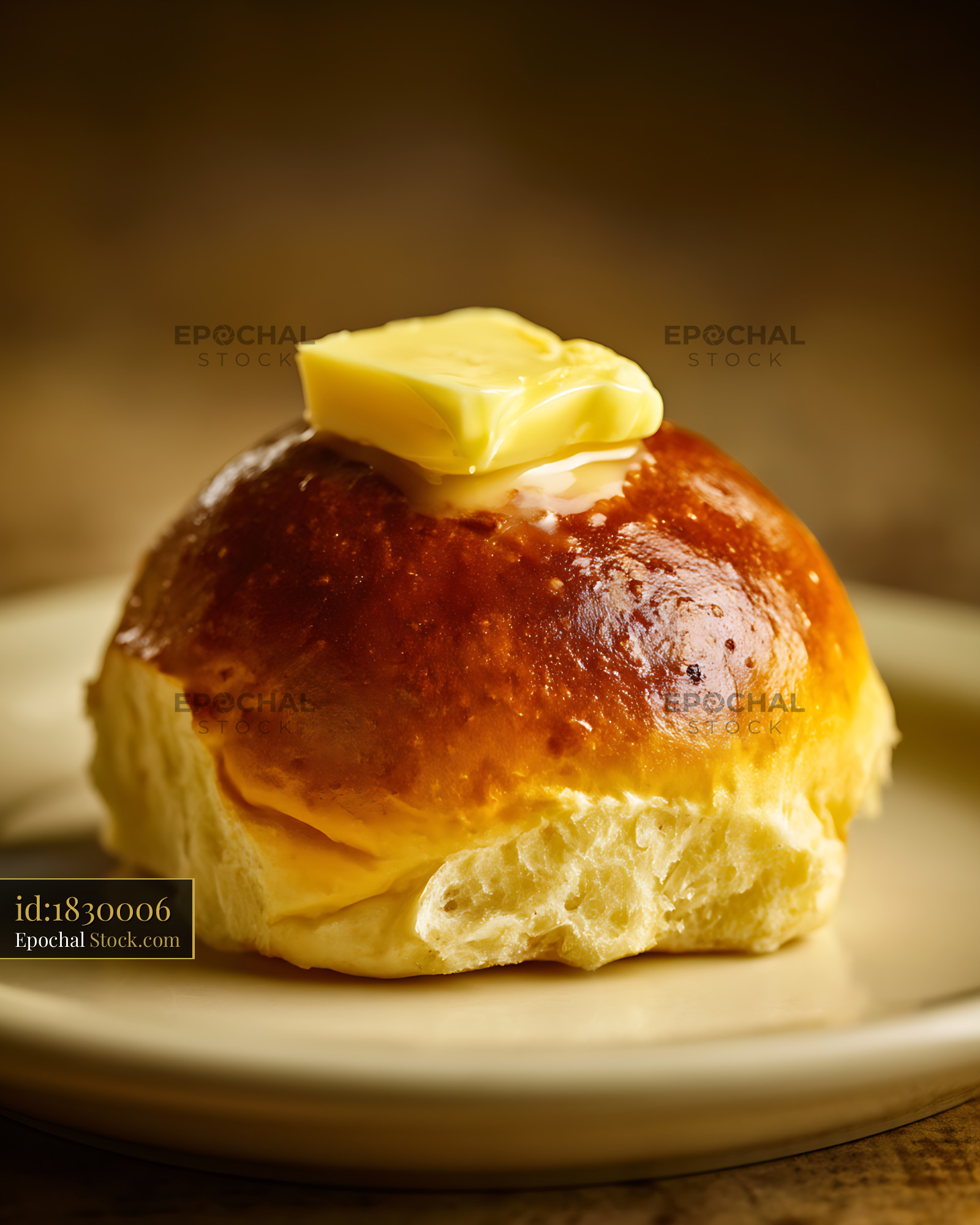 Golden Brioche Roll with Butter Pat on Warm Ceramic Plate - stock photo