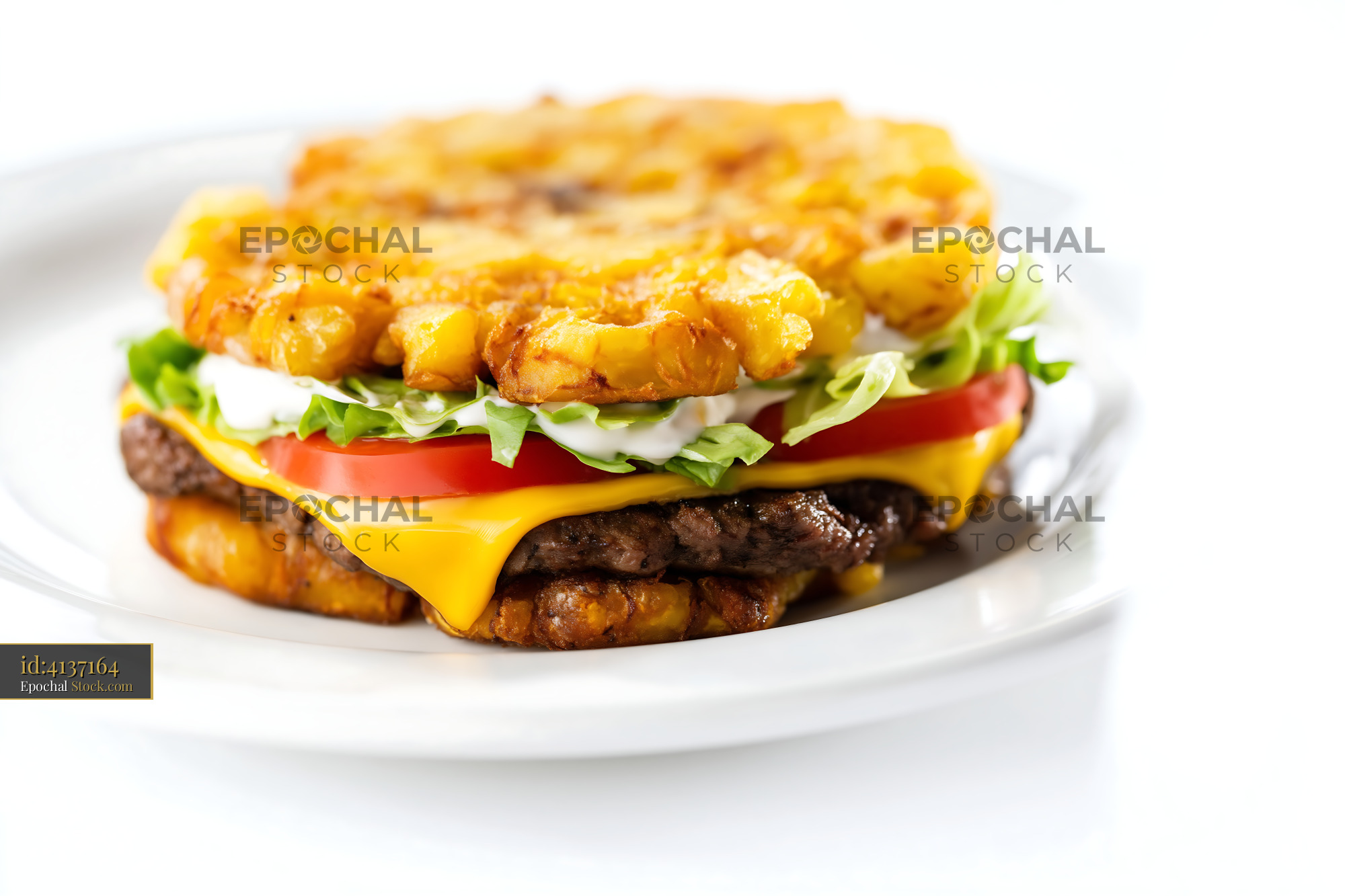 Jibarito Burger with Cheese, Lettuce, and Tomato on White Plate - stock photo