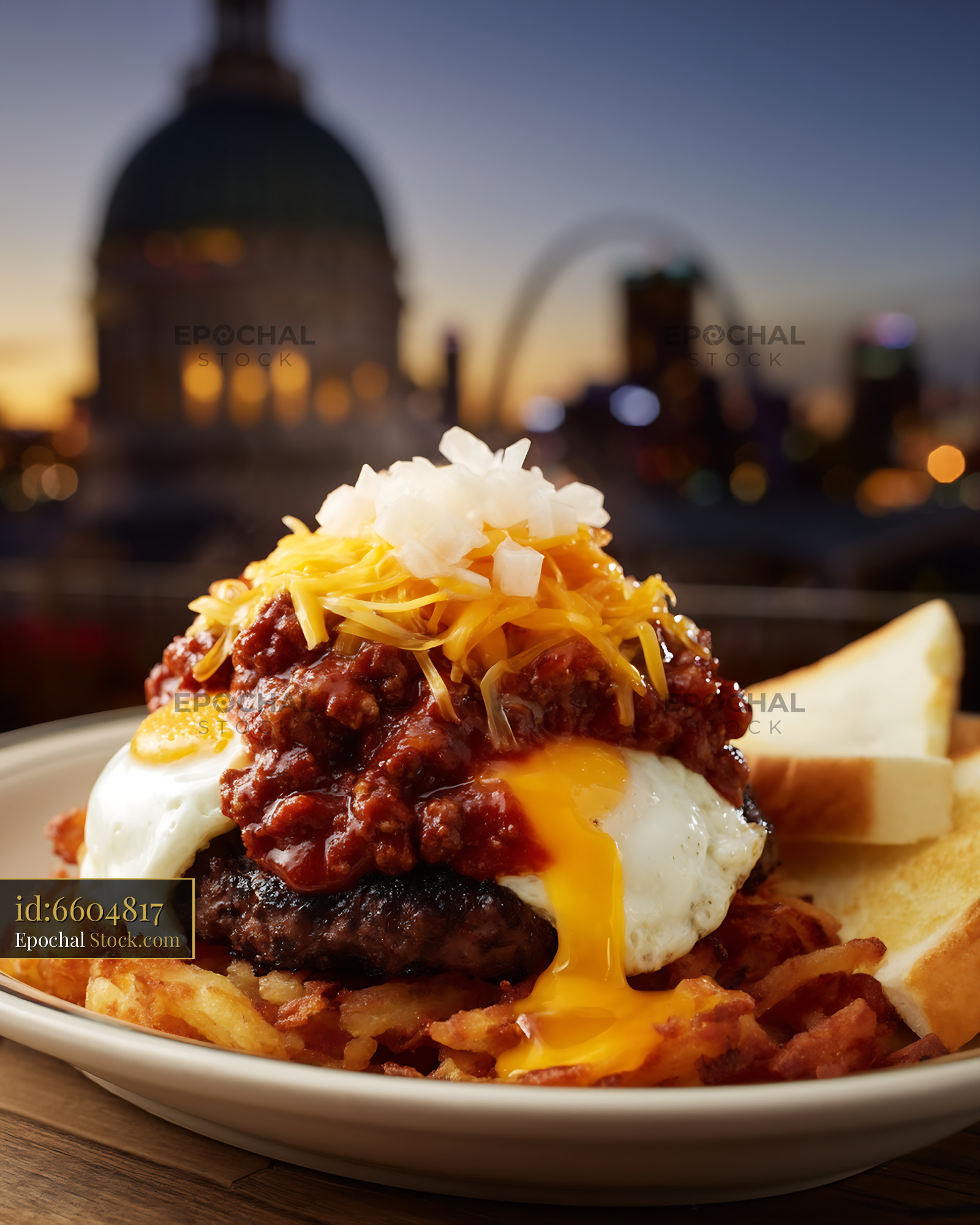 St. Louis Slinger with Egg, Chili & Fries - stock photo