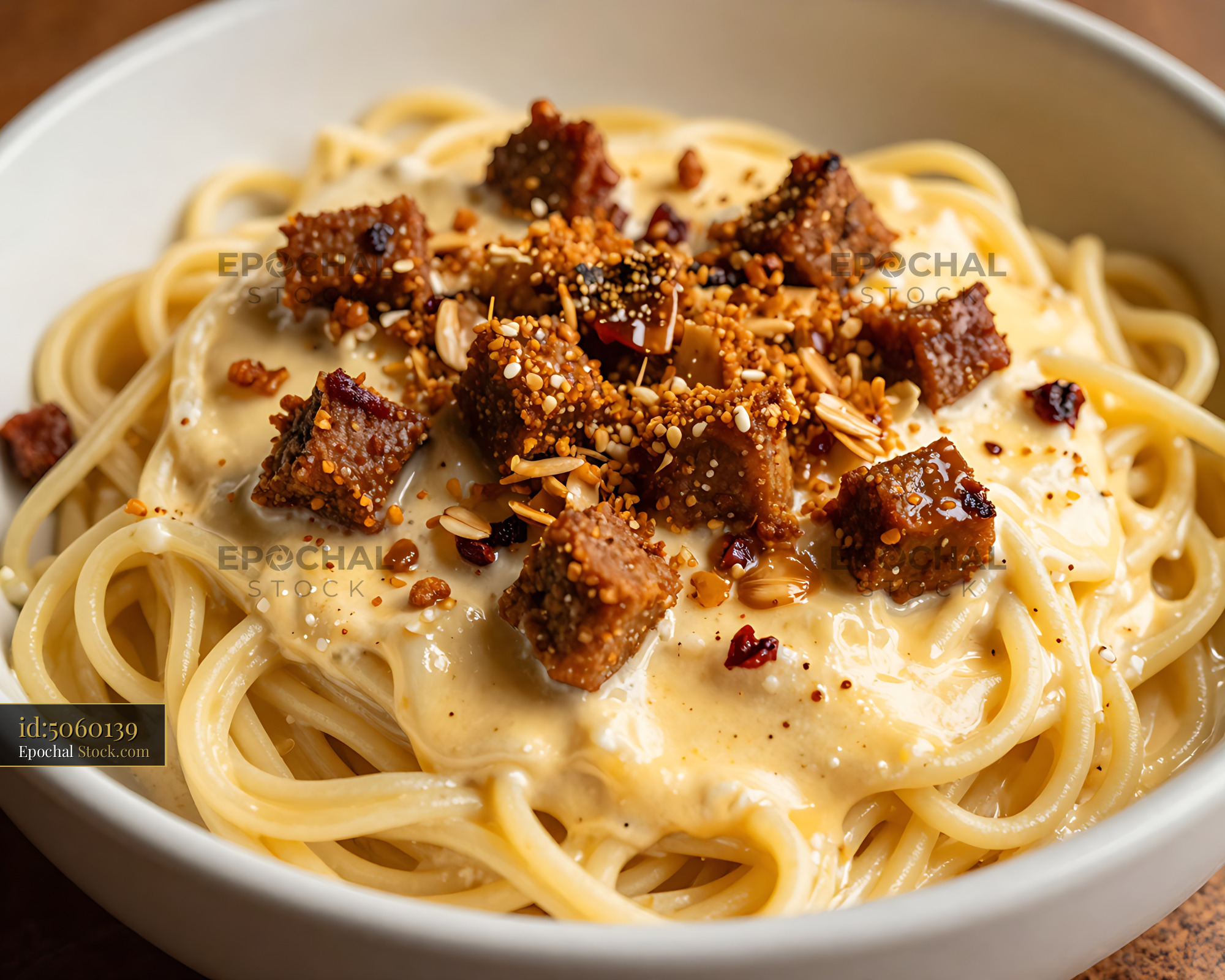 Crispy Goetta Spaghetti with Cream Sauce - stock photo