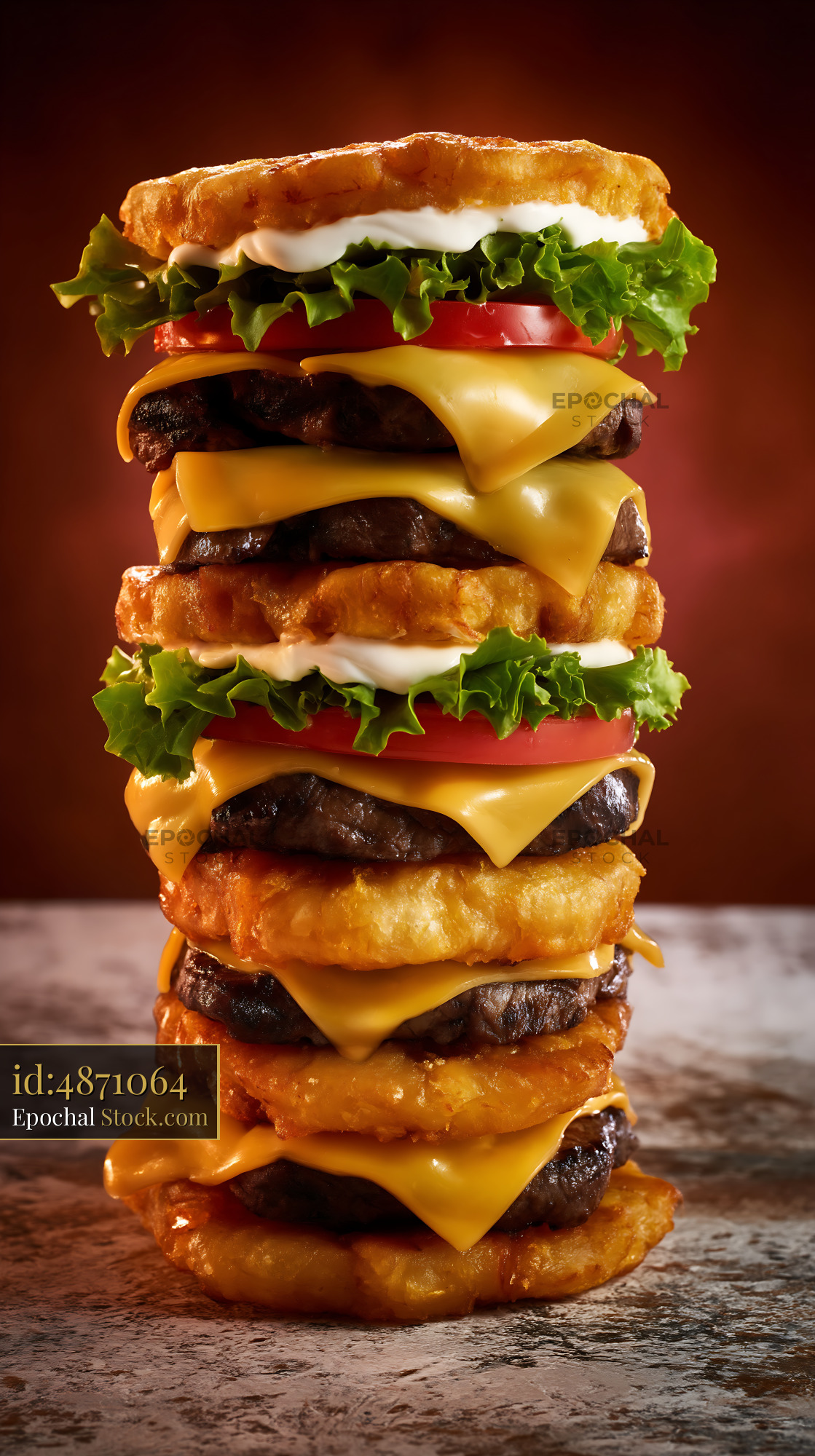 Jibarito Burger Tower with Melted Cheese and Crispy Plantain Buns - stock photo