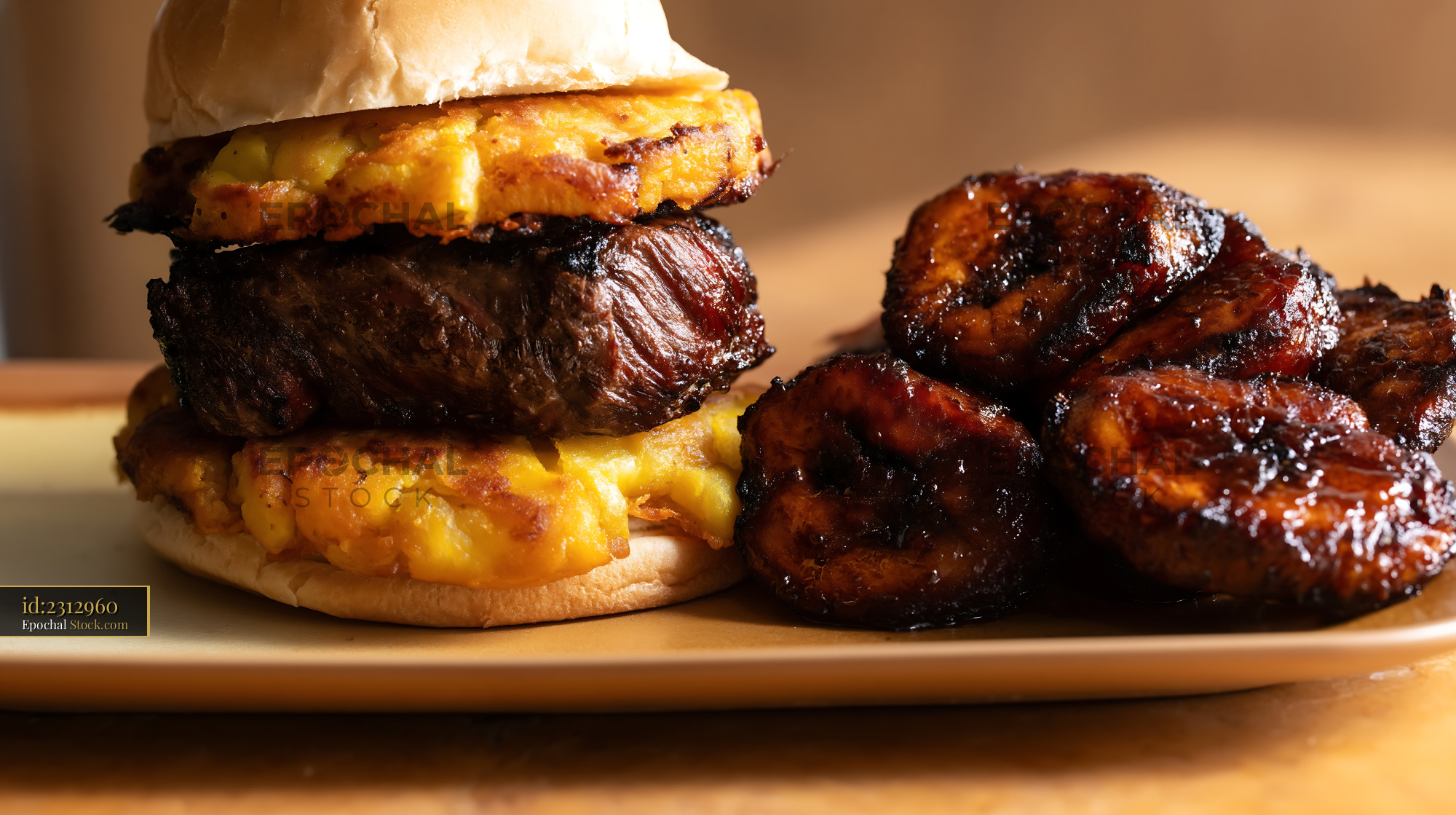 Jibarito Burger: Crispy Plantain Bun with Melted Cheese & Seared Beef - stock photo
