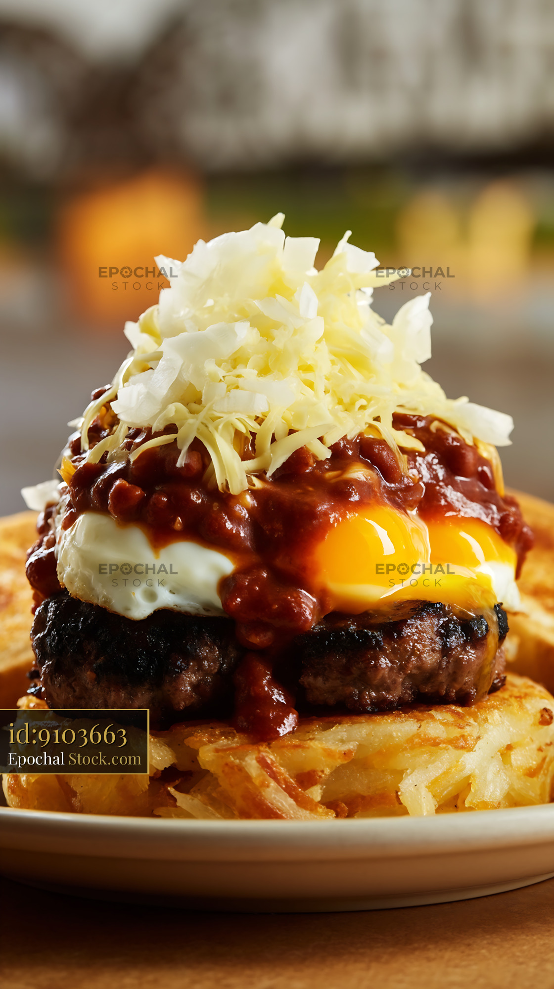 St. Louis Slinger with Egg and Chili on Hash Browns - stock photo