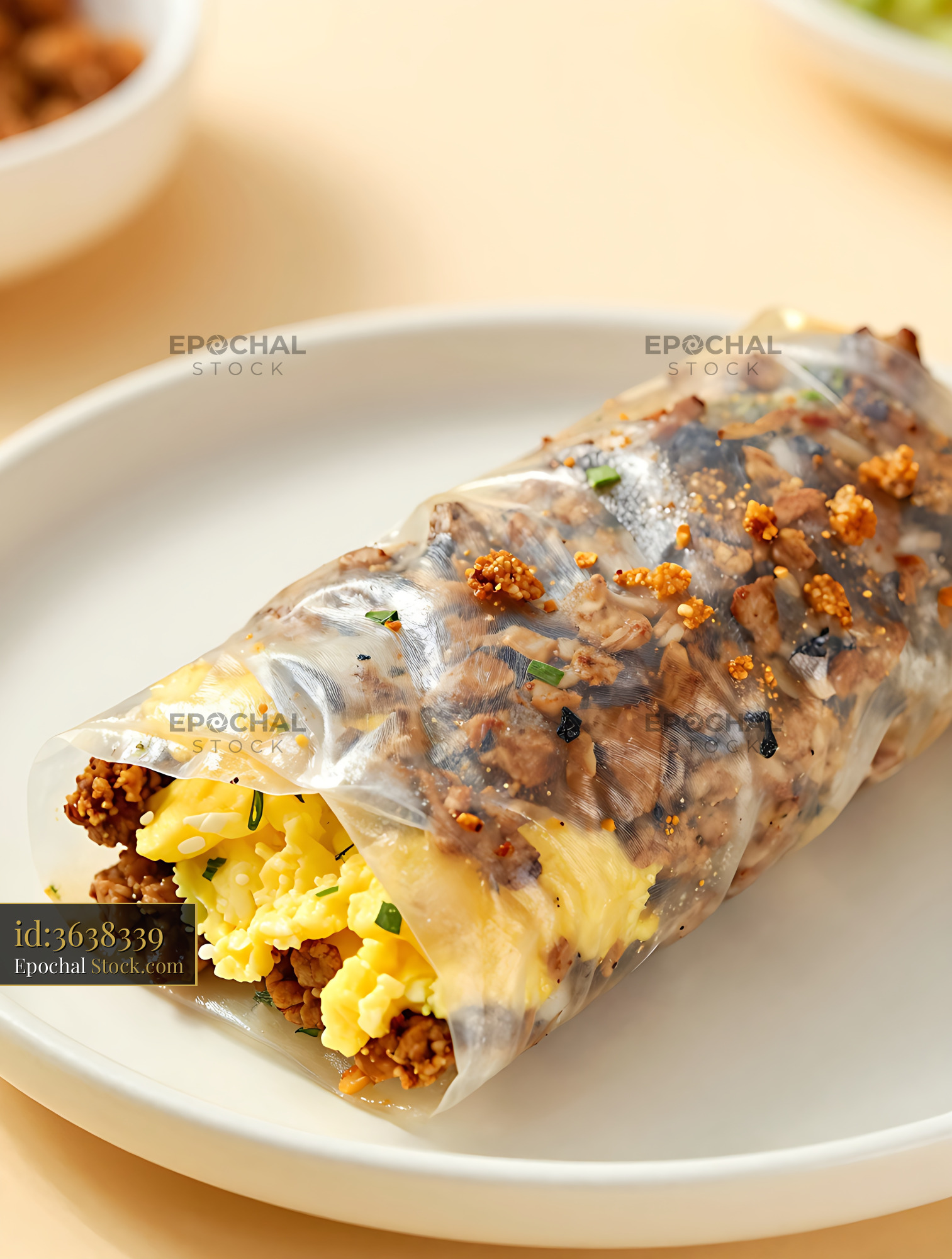 Goetta Spring Roll with Egg and Fried Onions - stock photo