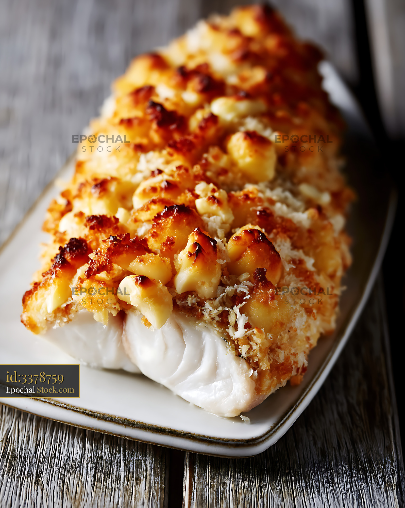Golden Macadamia Crusted Fish on White Plate - stock photo