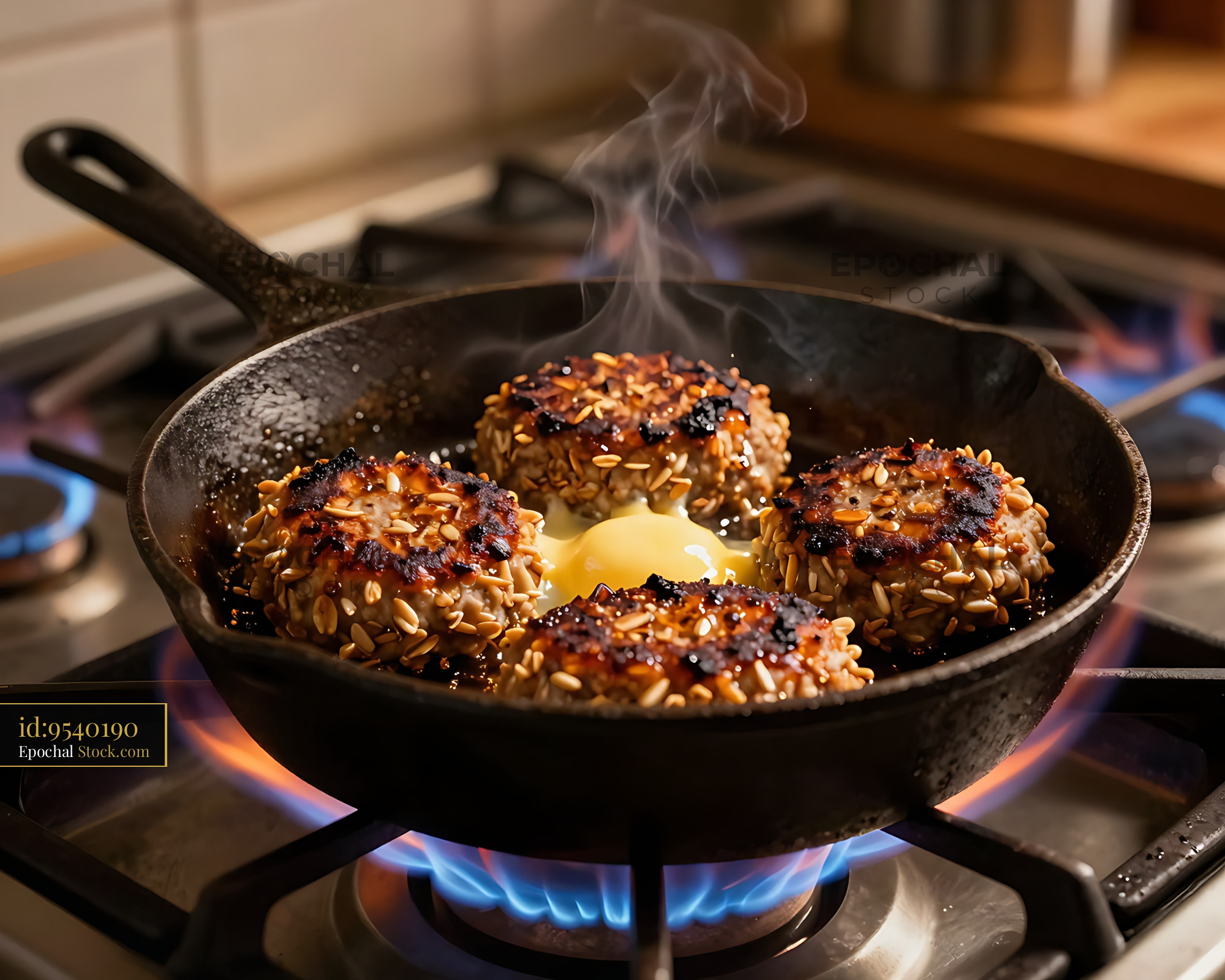 Goetta Patties and Egg Searing in Cast Iron Skillet on Gas Stovetop - stock photo