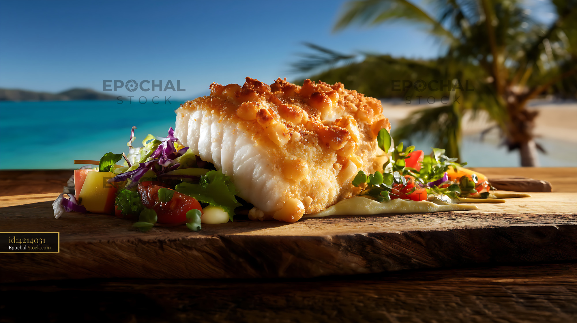 Macadamia Crusted Fish at Tropical Beach - stock photo