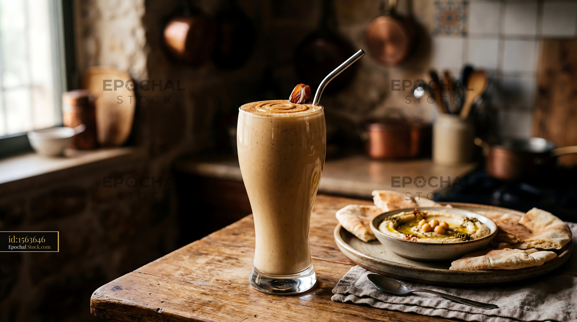 Tahini Date Shake with Pita & Hummus Platter - stock photo