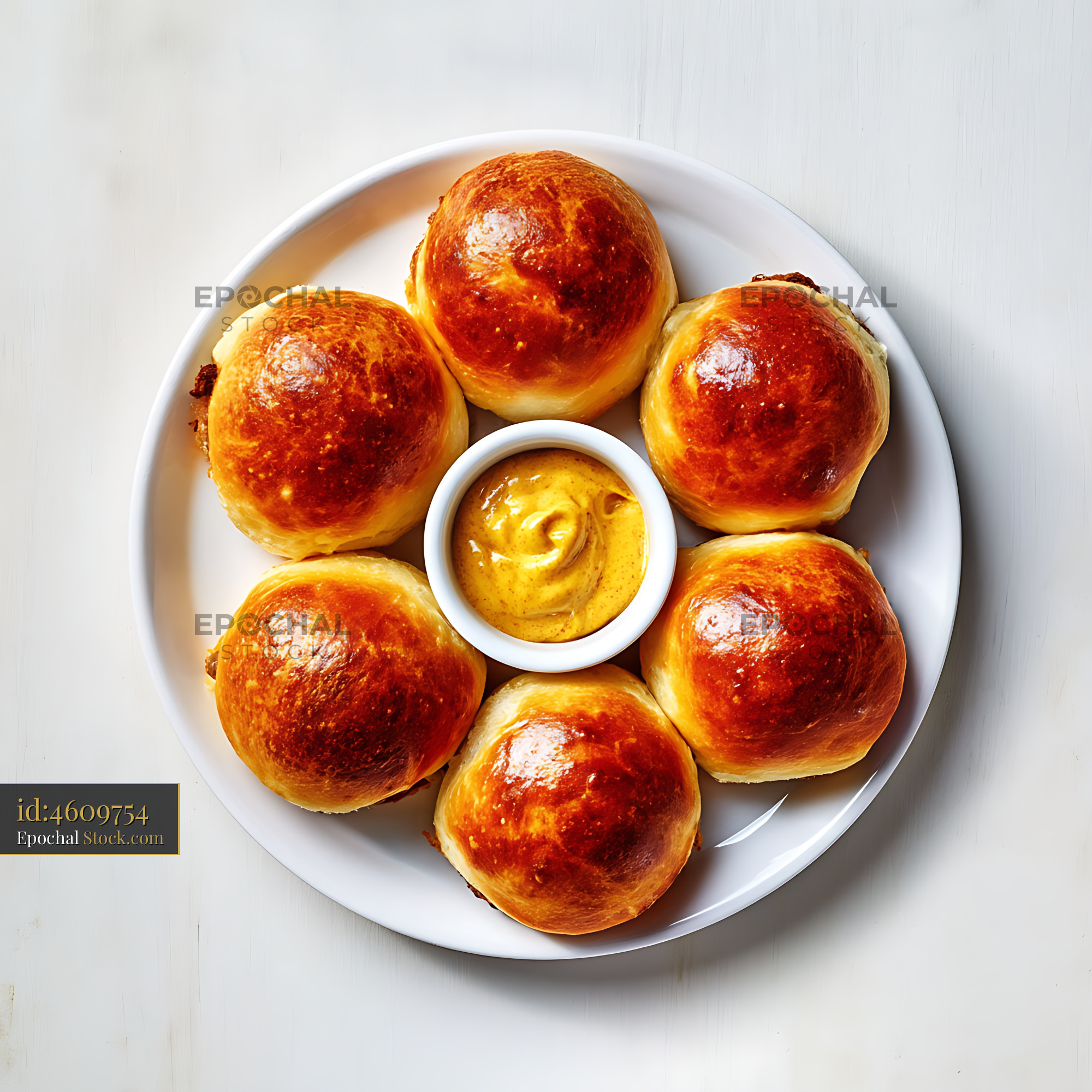 Bierocks with Mustard on White Plate Overhead Food Photography - stock photo