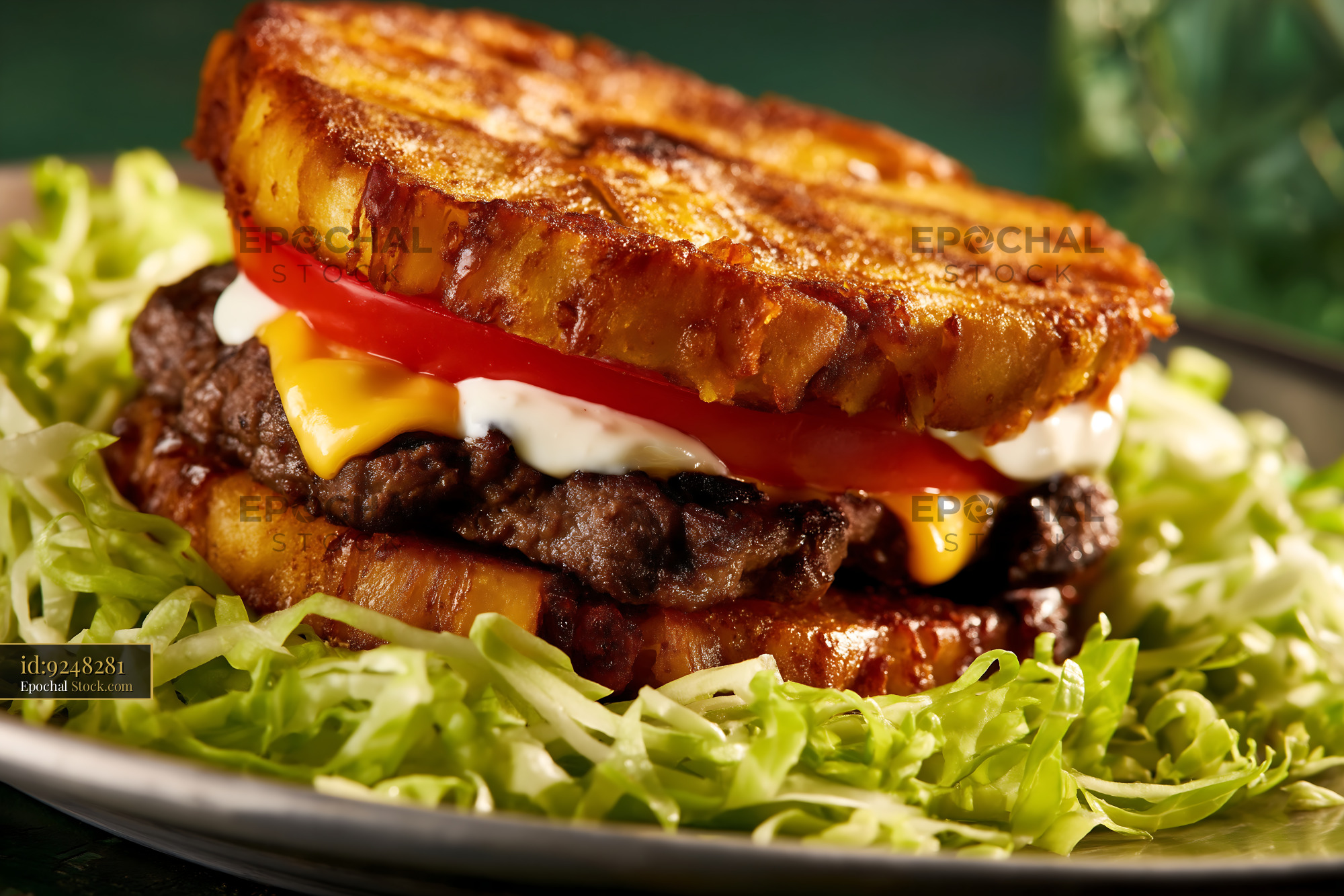 Jibarito Burger With Golden Fried Plantain Buns and Melted Cheese - stock photo