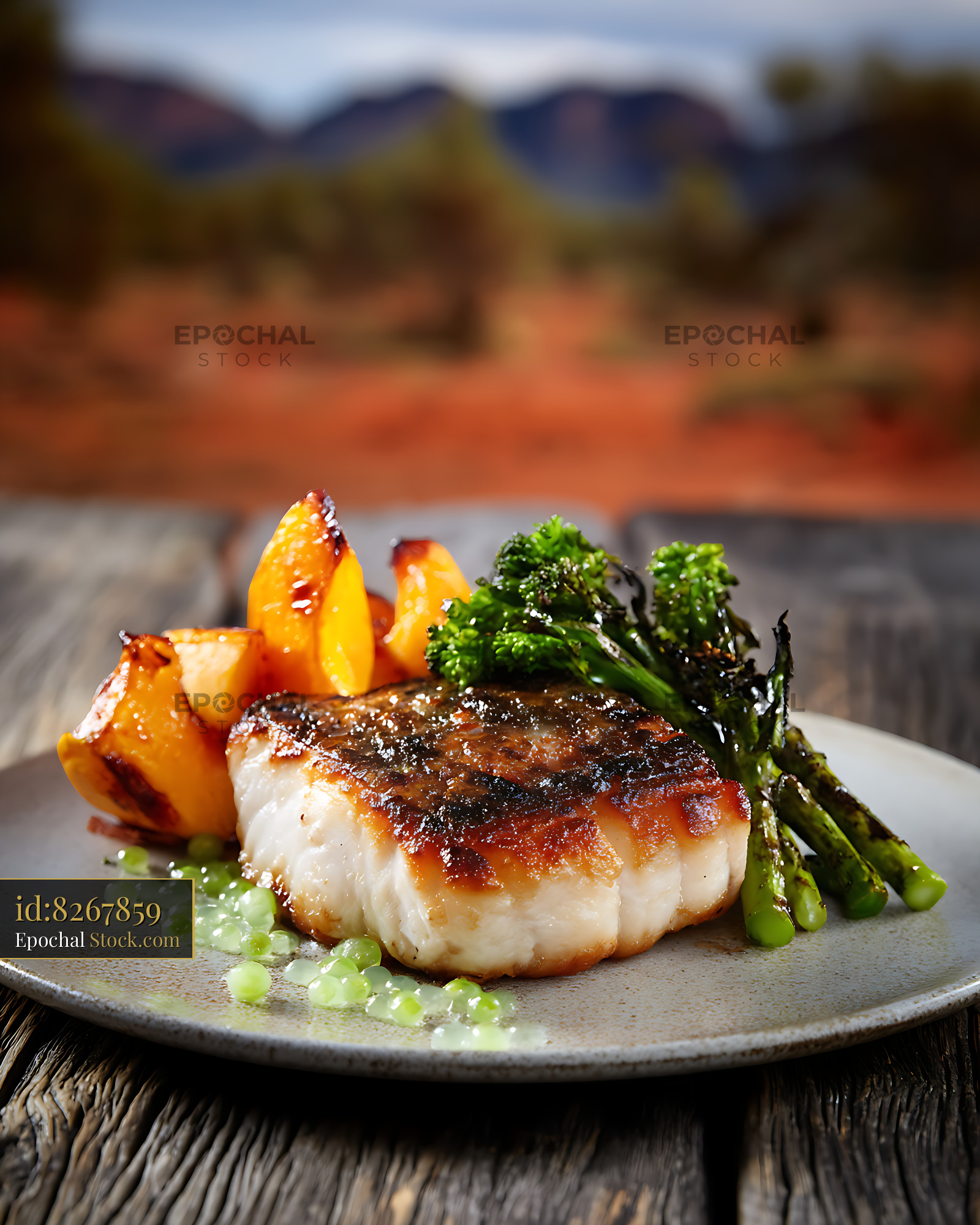 Murray Cod Fillet: Seared with Potatoes & Broccolini - stock photo