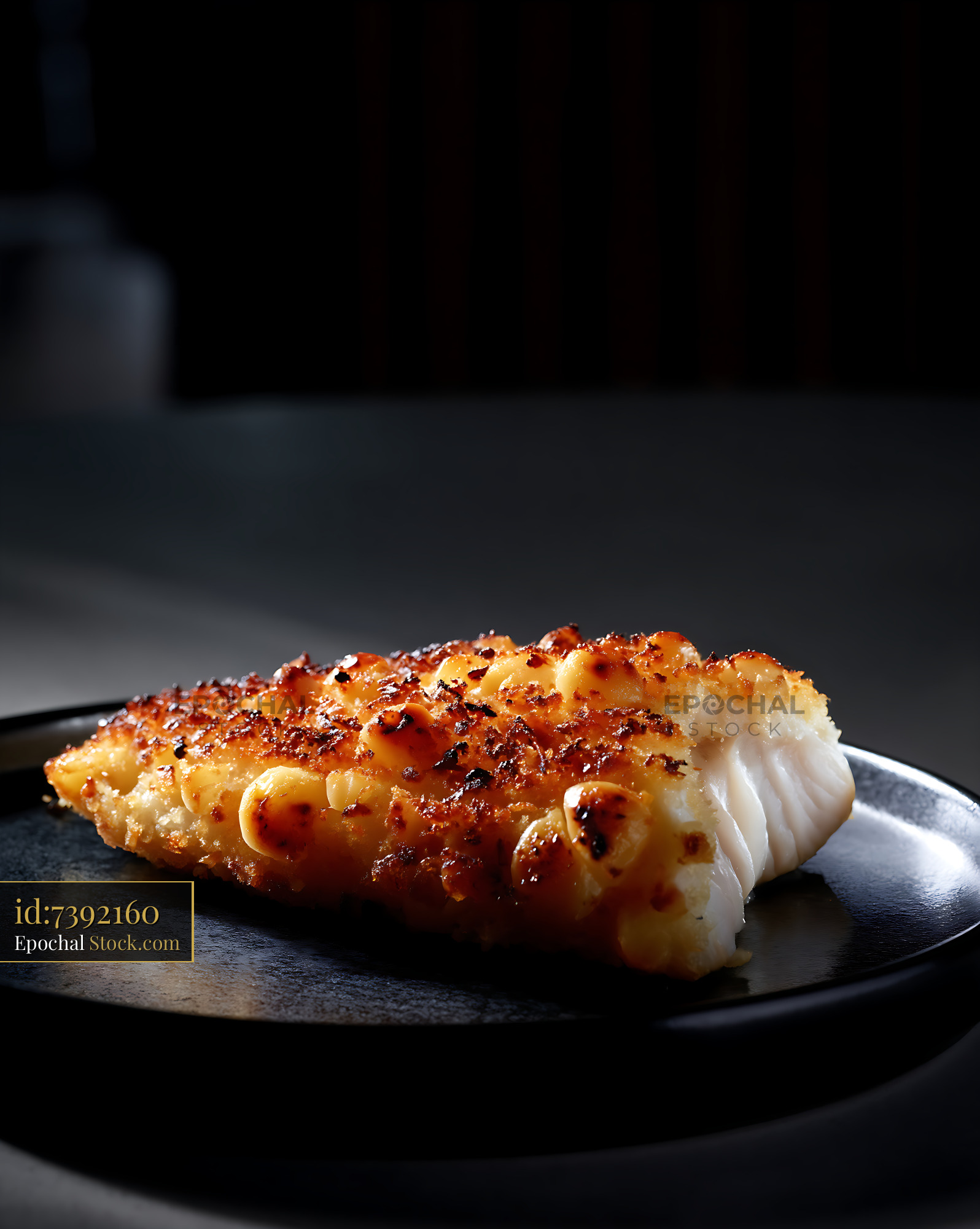 Macadamia Crusted Fish Fillet on Black Plate - stock photo