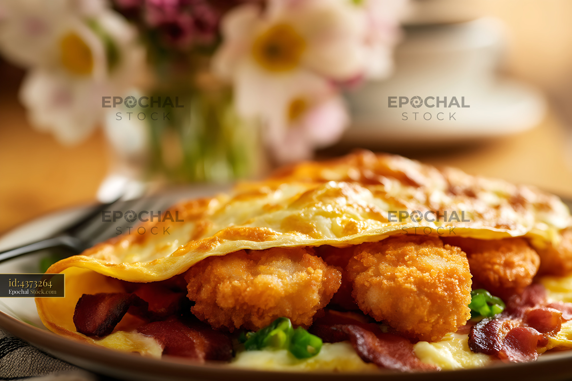 Gourmet Shrimp Omelet with Crispy Bacon - stock photo