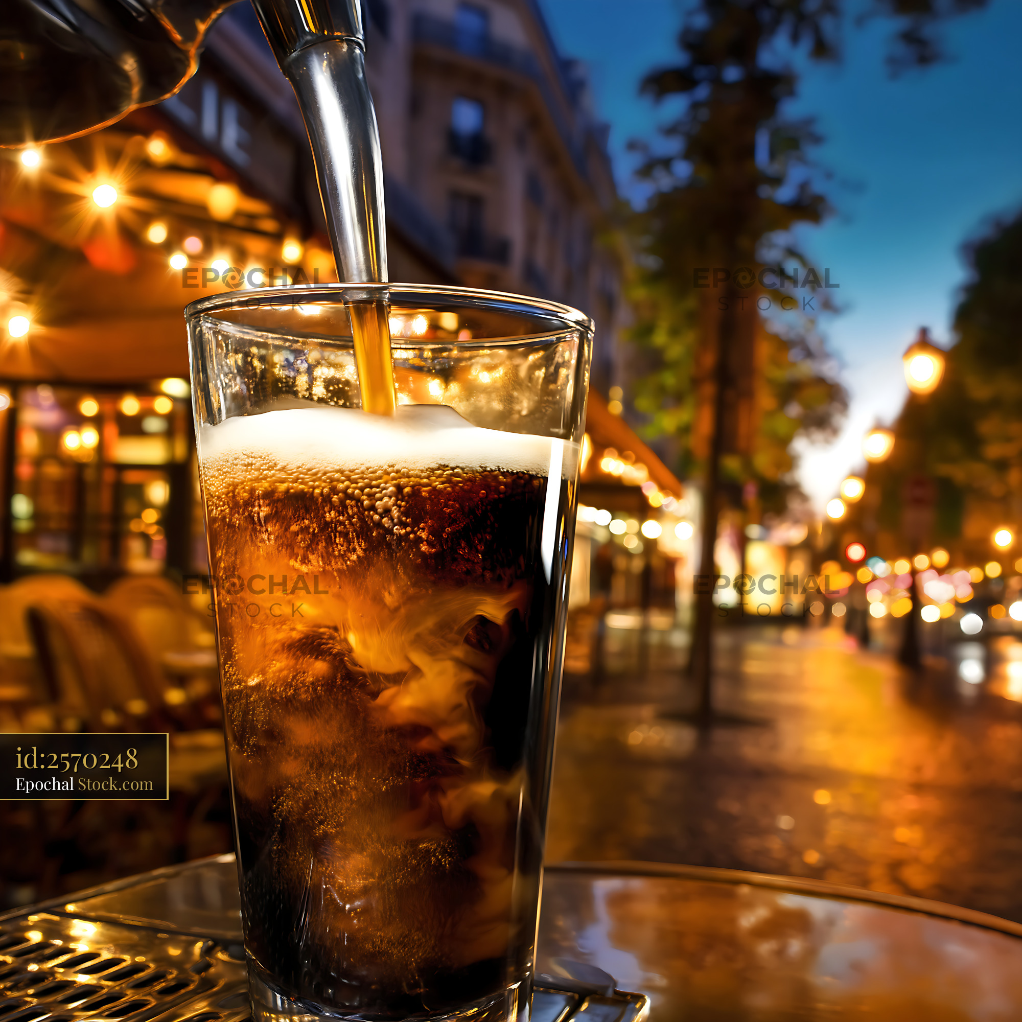 Nitro Caramel Coffee Pour City Lights - stock photo