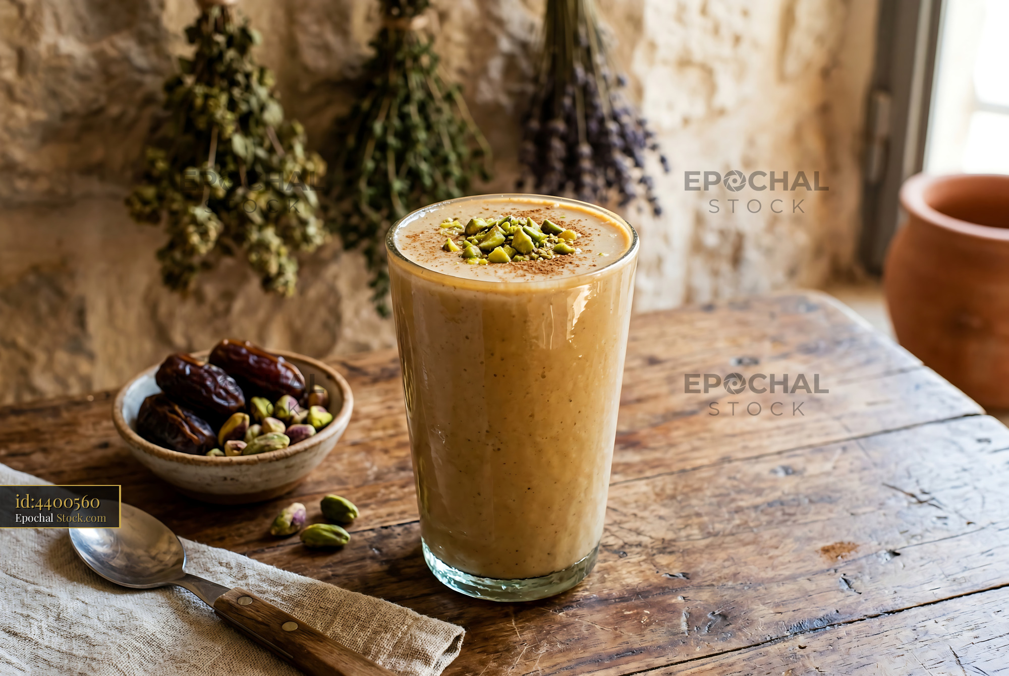 Tahini Date Shake with Pistachios - stock photo