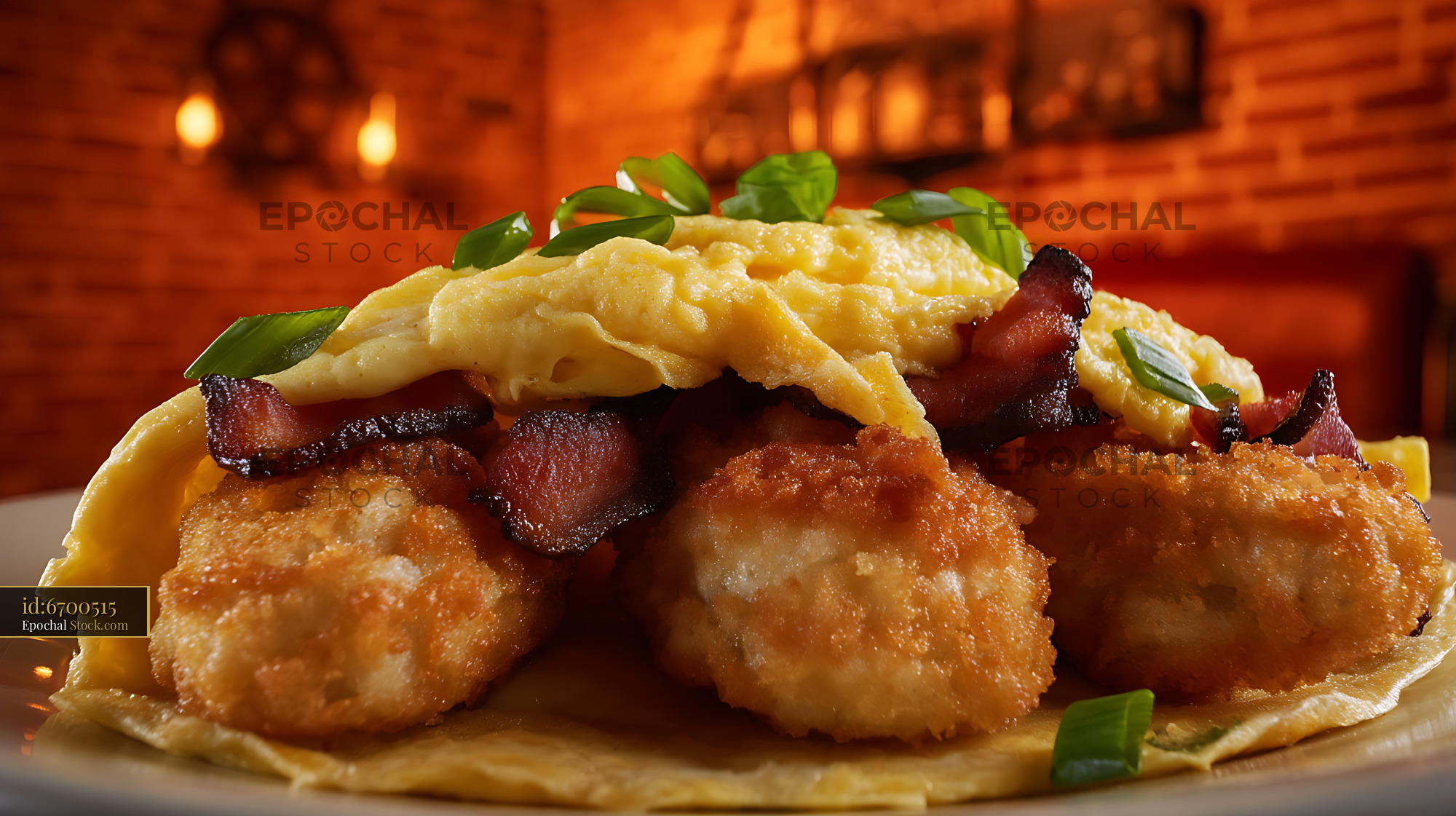 Crispy Shrimp Bacon on Waffle with Scallions - stock photo