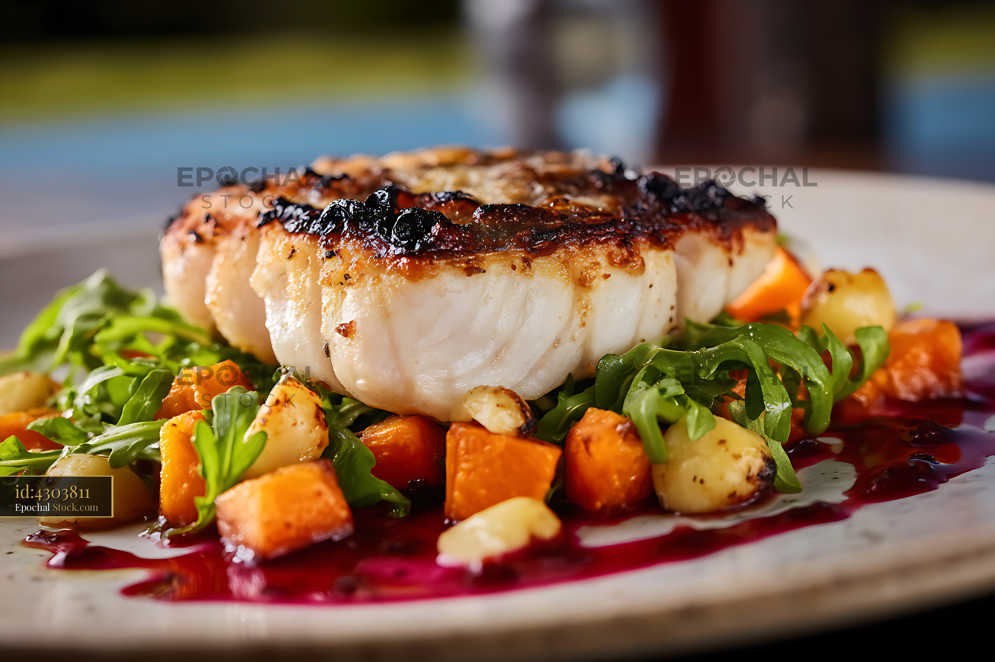 Seared Murray Cod Fillet Fine Dining Plate - stock photo