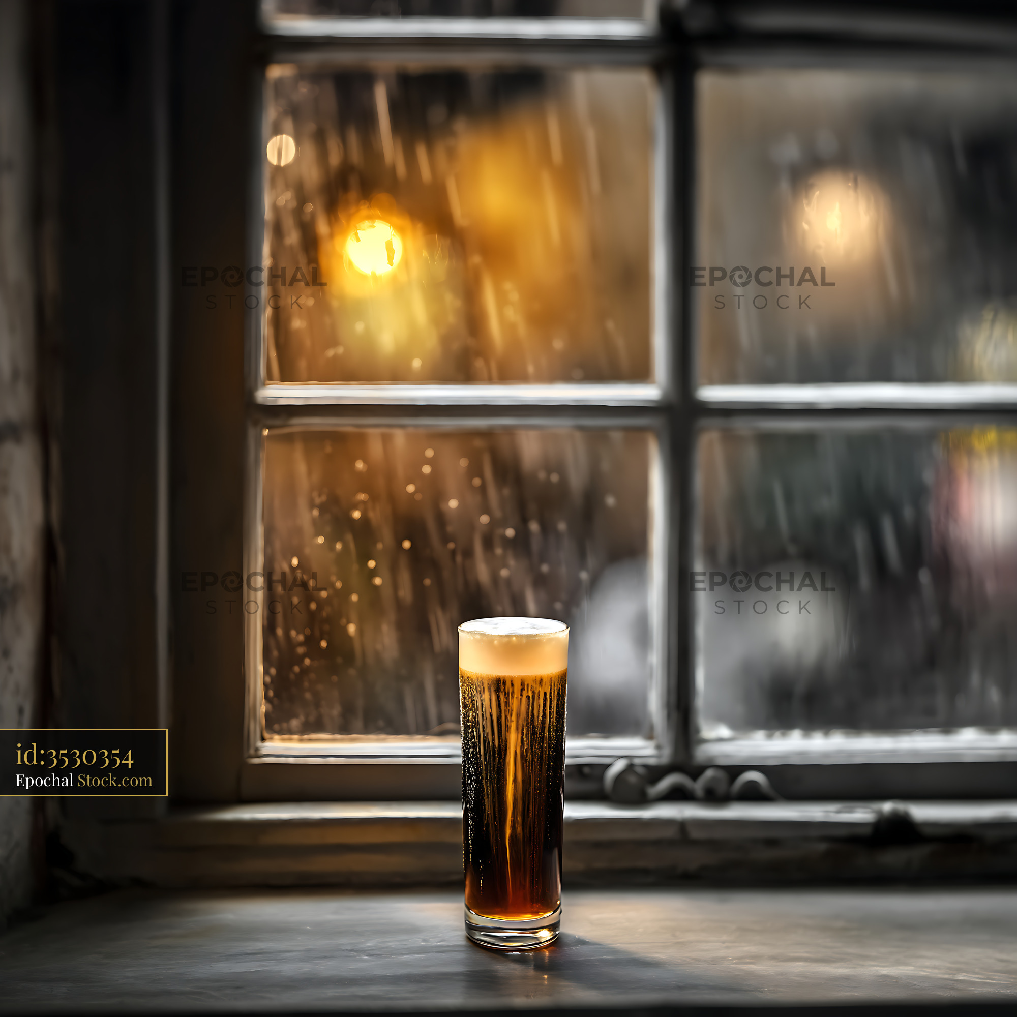 Nitro Caramel Coffee by Window on Rainy Night - stock photo