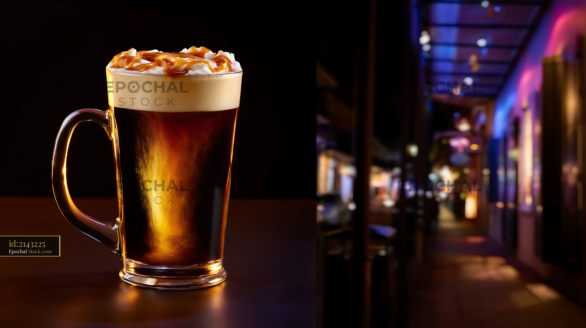 Nitro Caramel Coffee Mug at Bar - stock photo