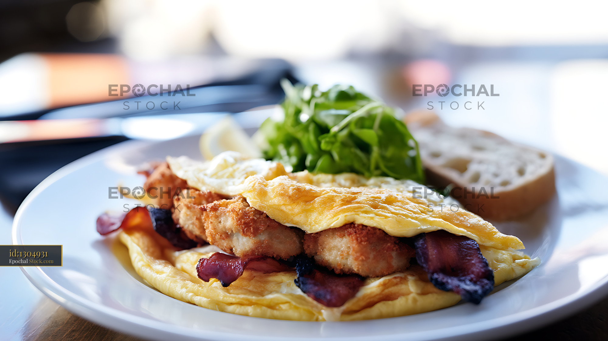 Gourmet Omelet with Crispy Bacon Breakfast - stock photo