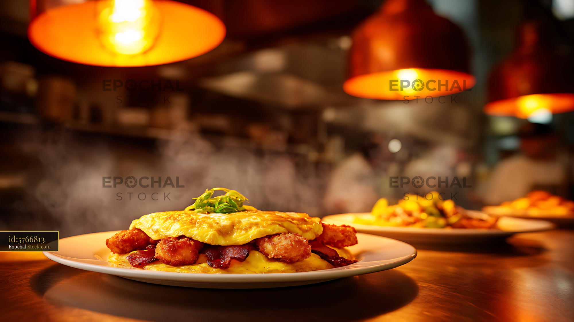 Bacon Omelet Breakfast Plated Under Heat Lamp Lights - stock photo