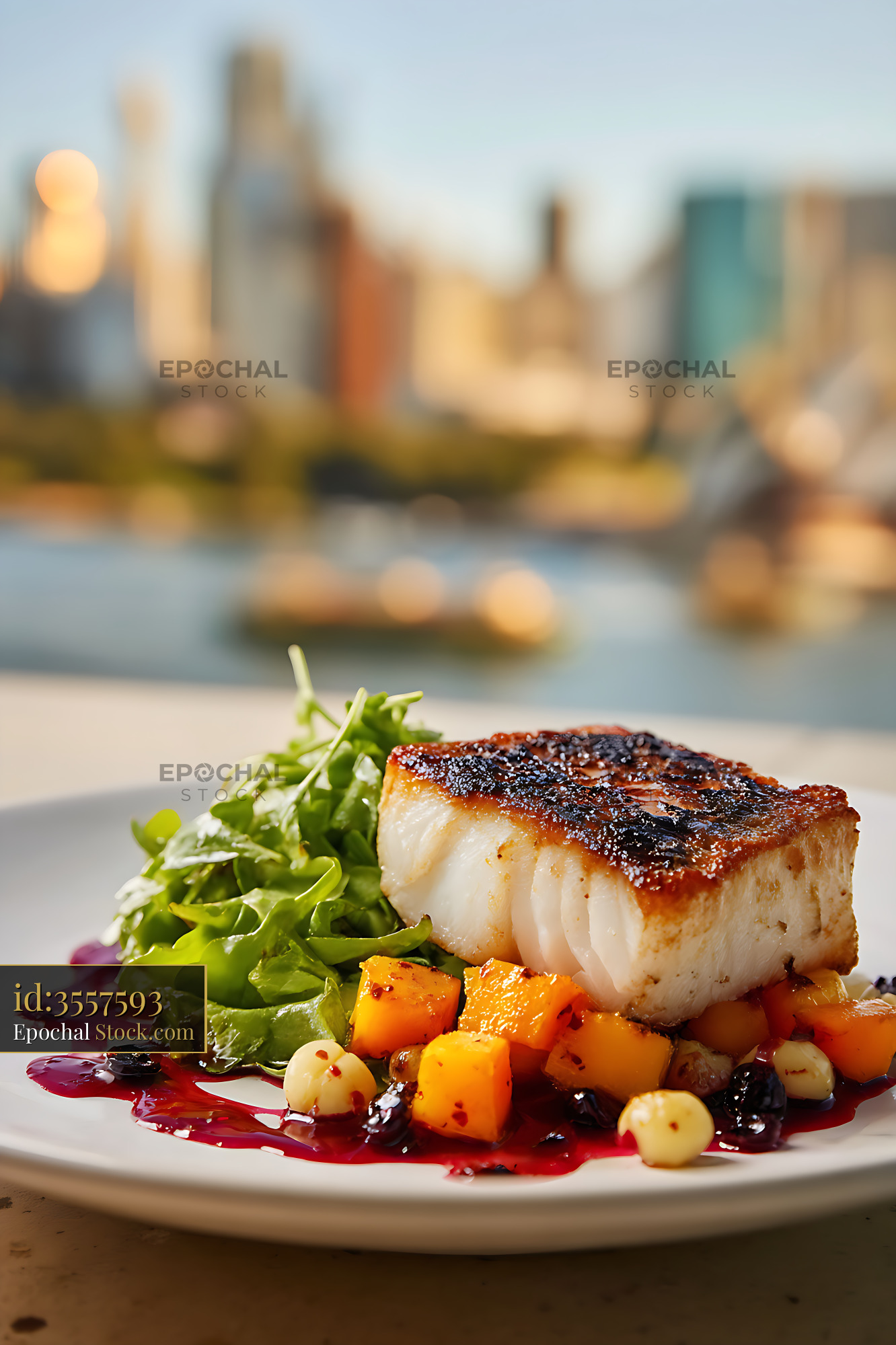 Seared Murray Cod Fillet Fine Dining Plate - stock photo