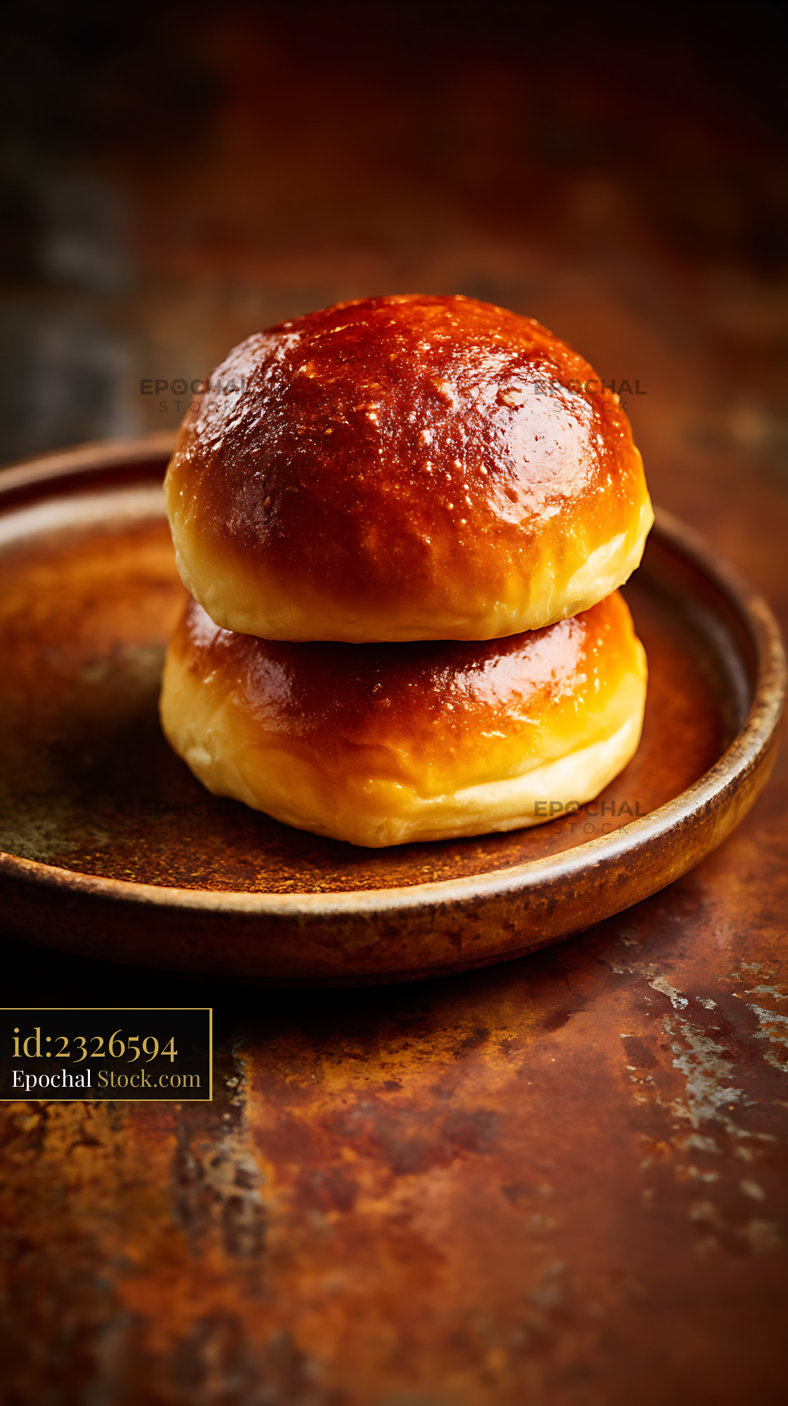 Caramelized Brioche Buns on Rustic Plate - stock photo