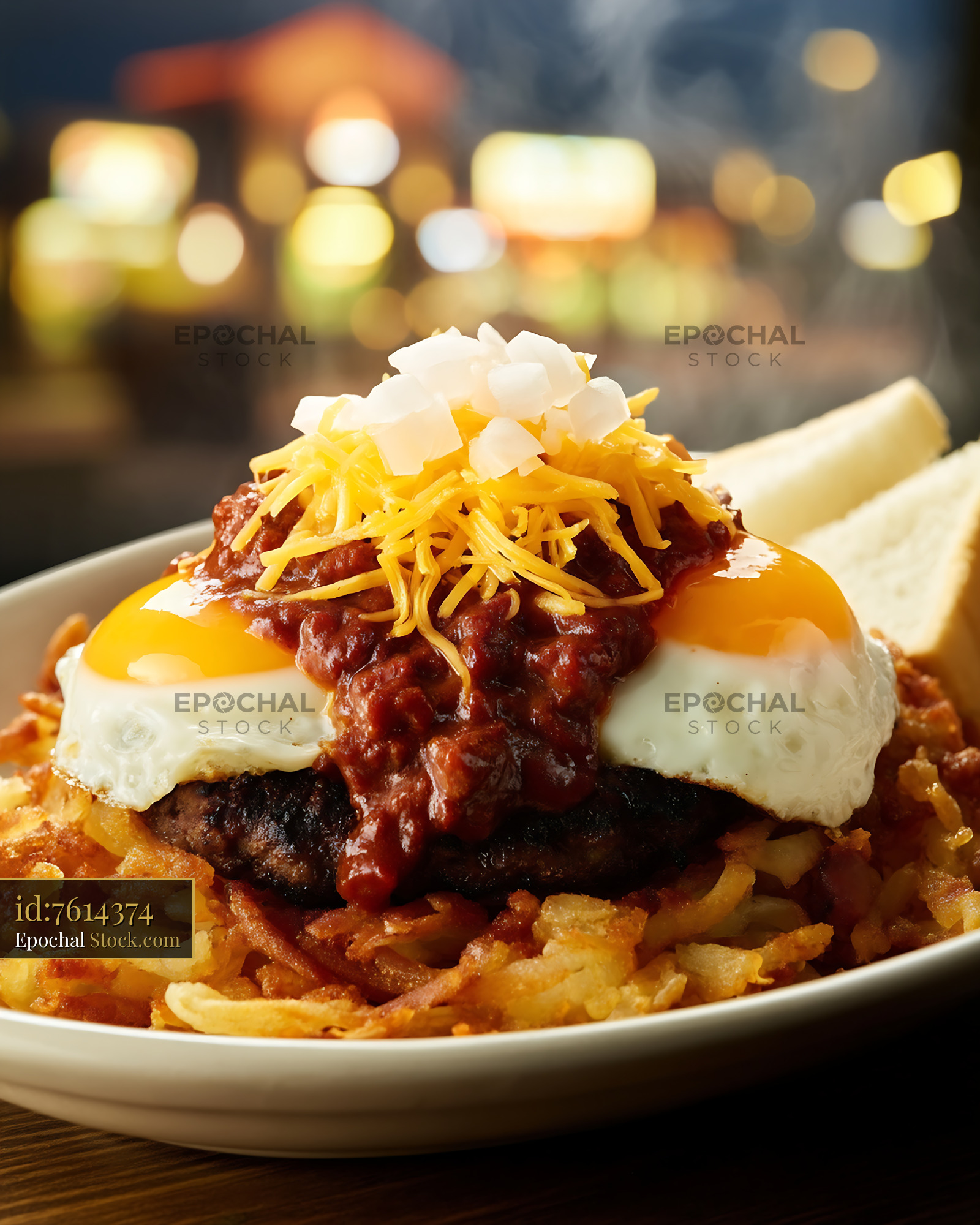 St. Louis Slinger With Eggs and Chili - stock photo
