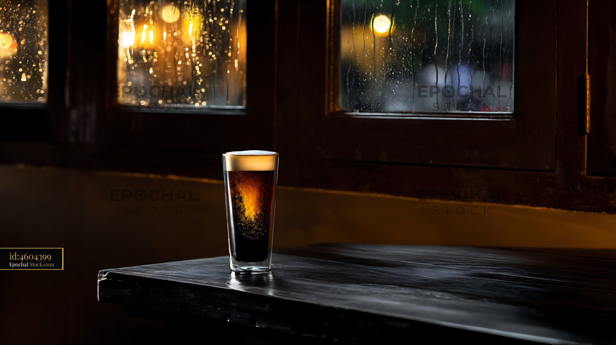 Nitro Caramel Coffee on Rainy Night Table - stock photo
