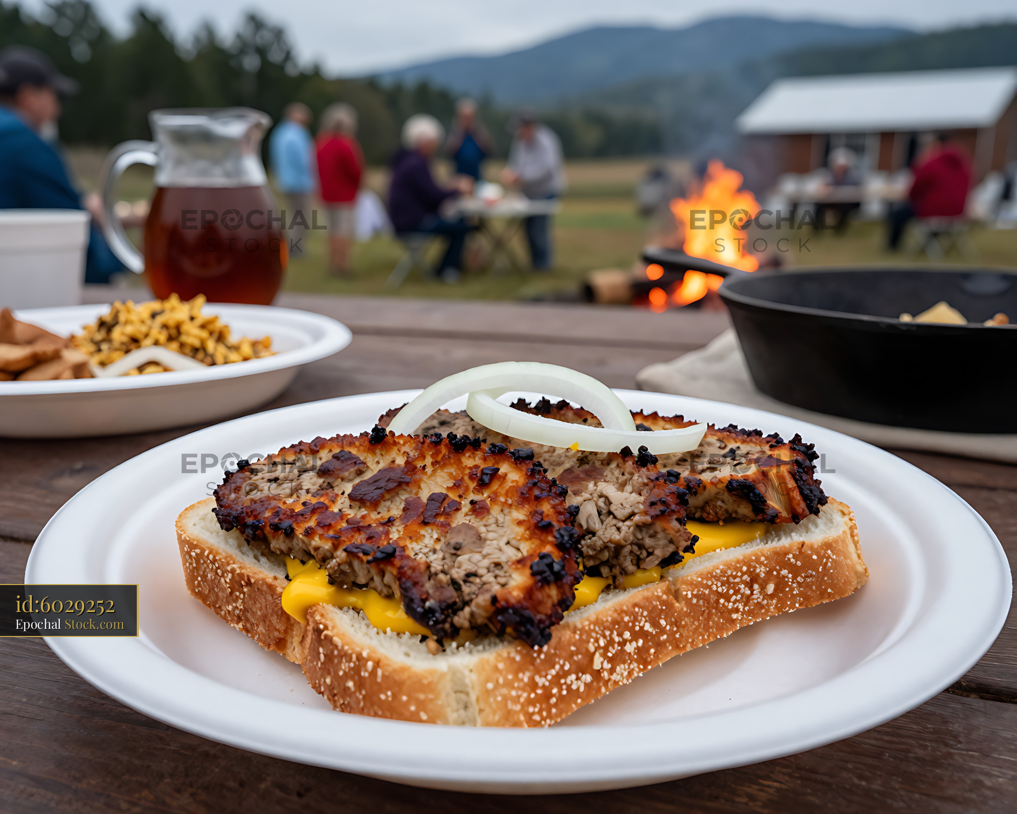 Grilled Livermush Sandwich at Campfire - stock photo