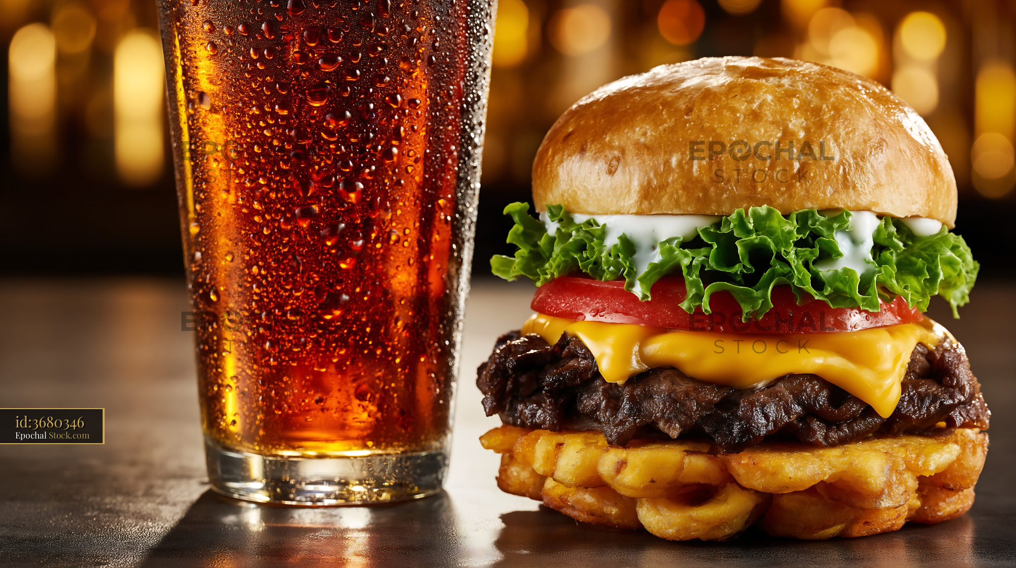 Cheeseburger and Cold Drink with Waffle Fries - stock photo