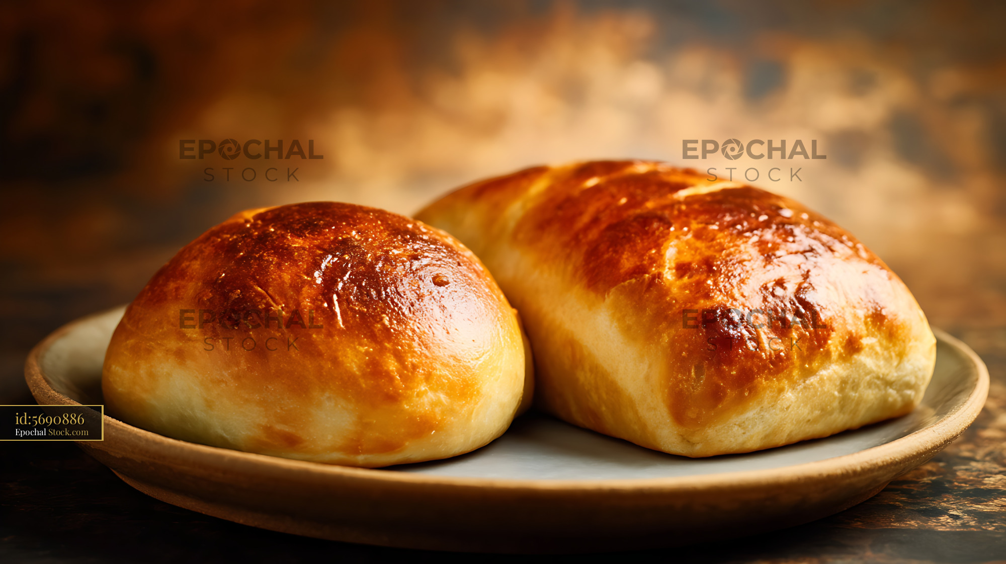 Fresh Artisanal Golden Bread Rolls on Plate - stock photo