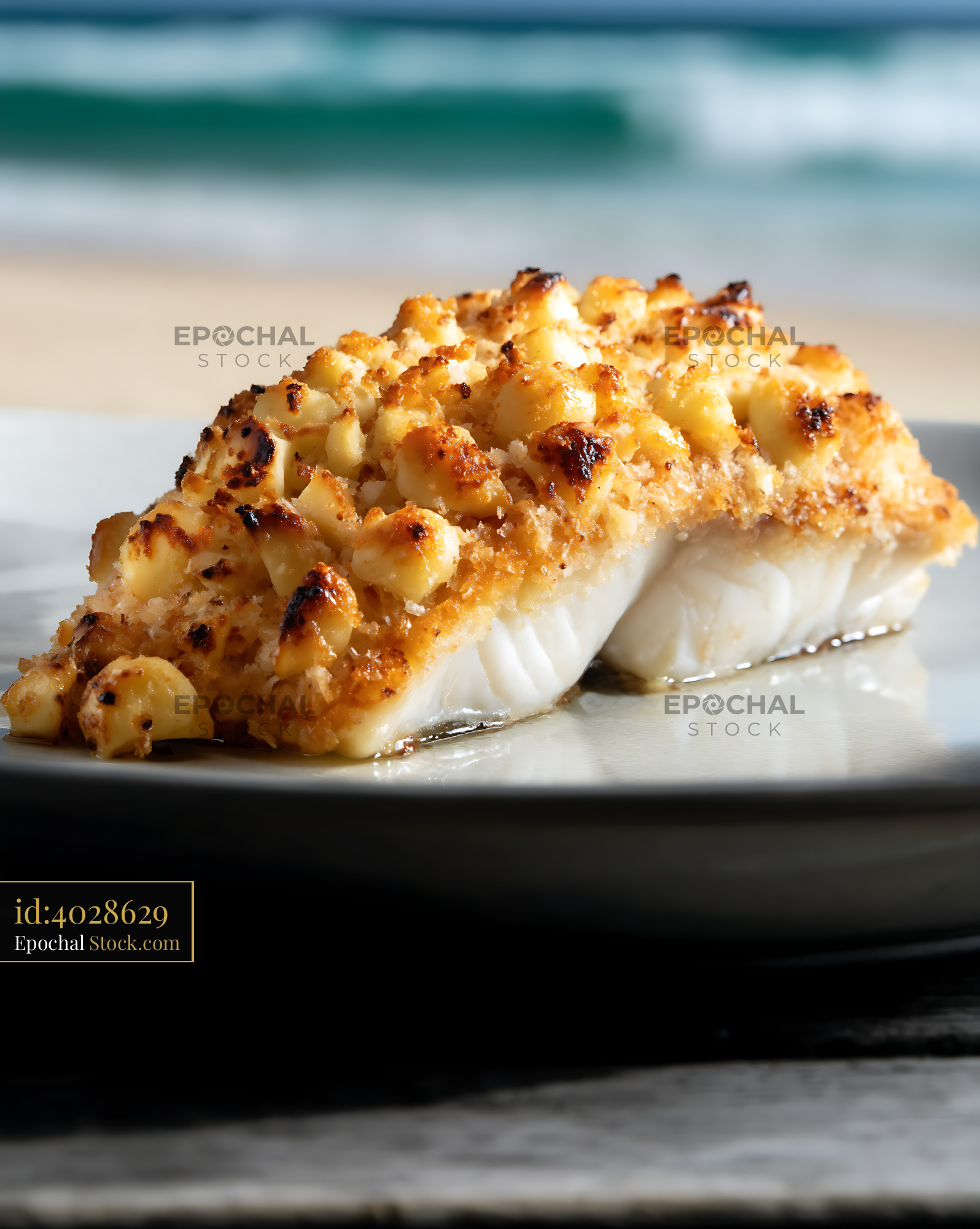 Macadamia Crusted Fish Fillet on White Plate - stock photo
