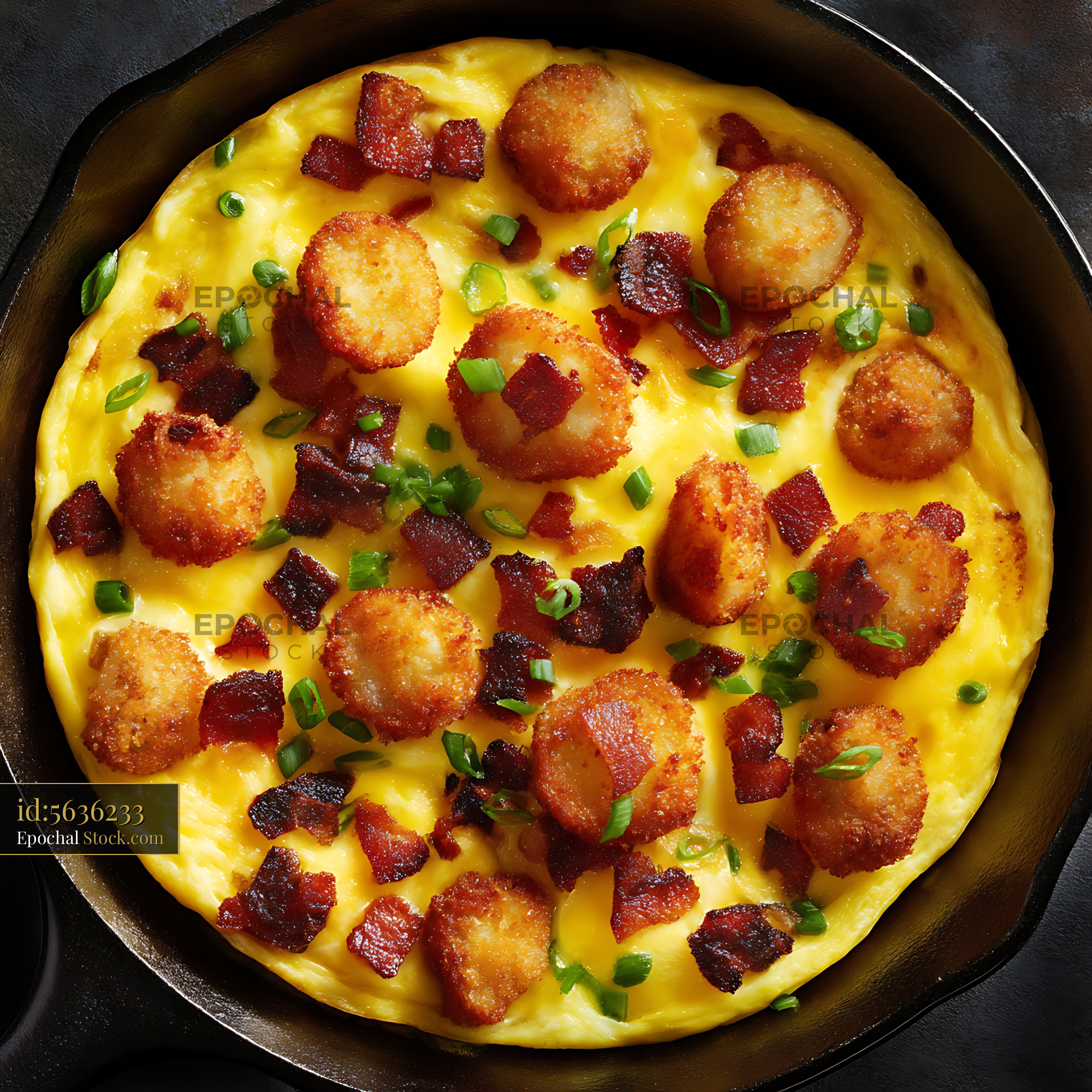 Shrimp and Bacon Frittata in Cast Iron Pan - stock photo