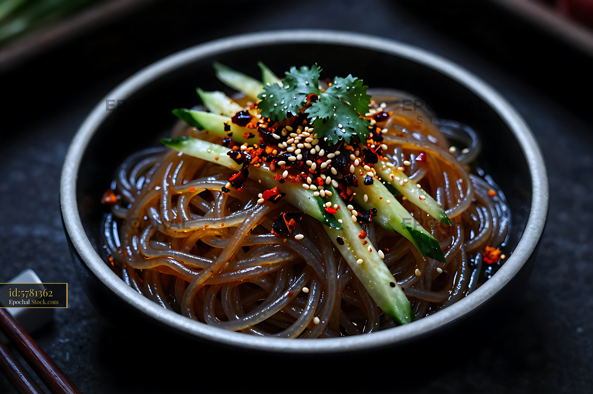 Sichuan Glass Noodle Salad in Dark Bowl - stock photo