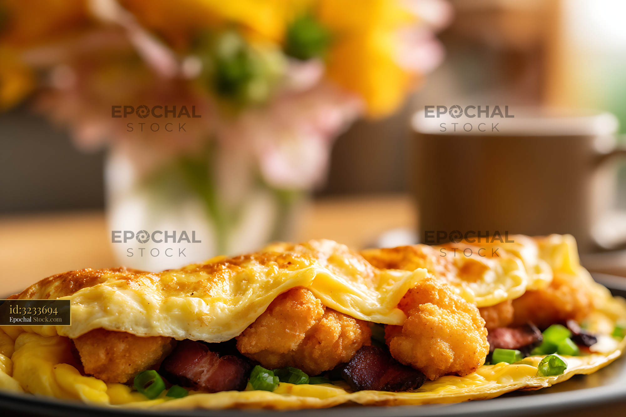 Gourmet Shrimp and Bacon Omelet with Fresh Greens - stock photo