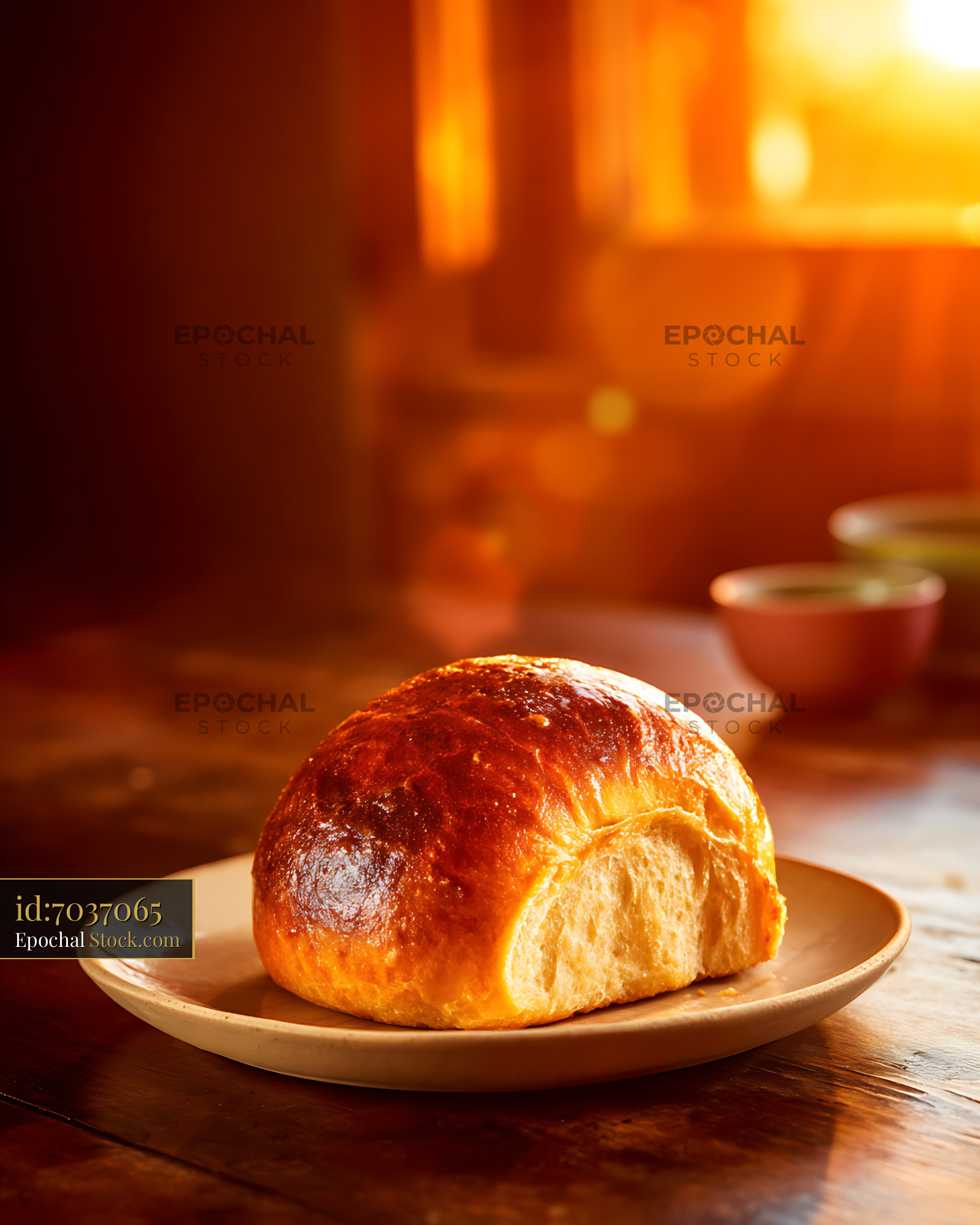 Fresh Golden Brioche Roll on Wooden Plate - stock photo