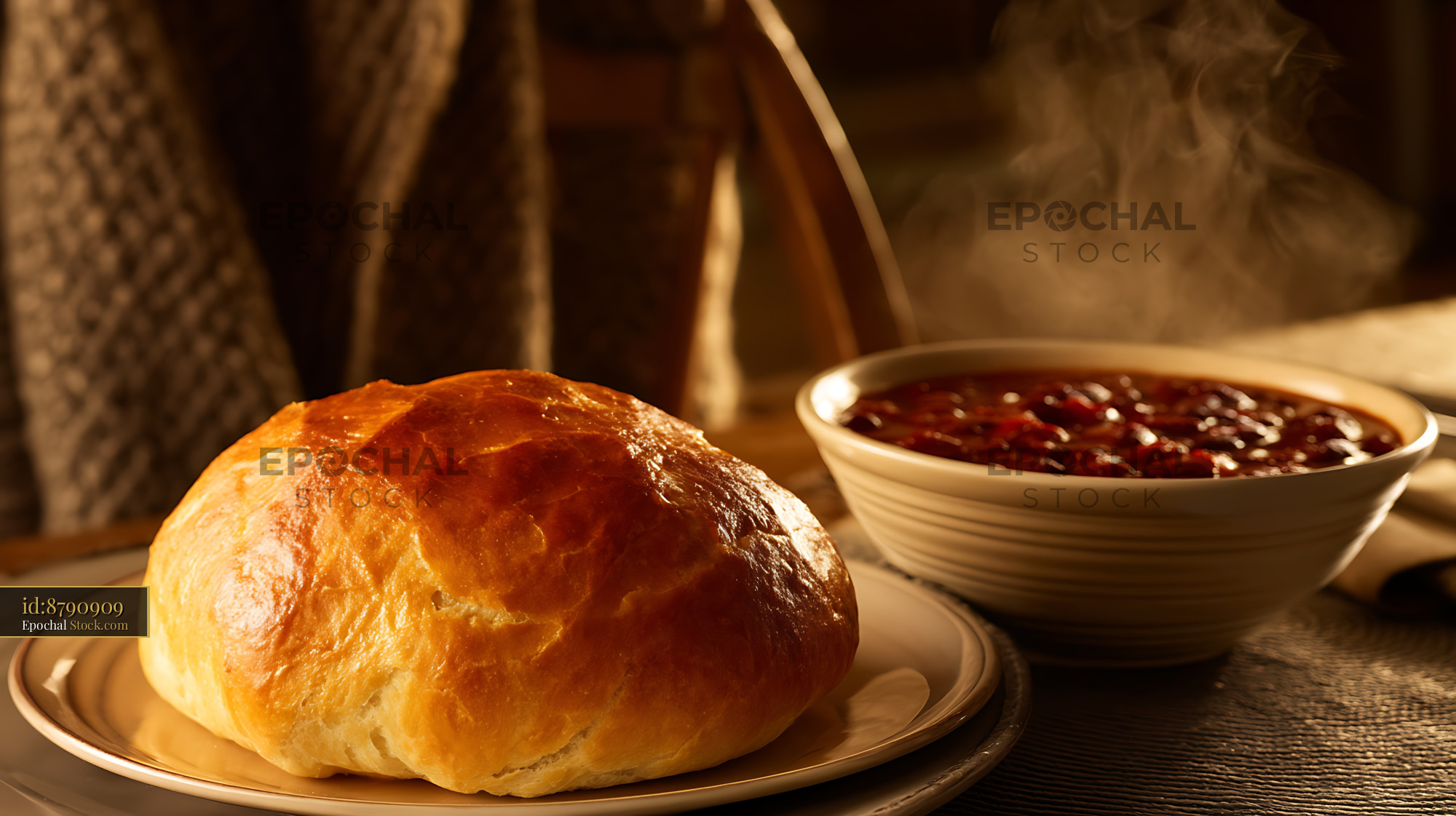 Golden Bread Roll with Jam Cozy Breakfast Table - stock photo