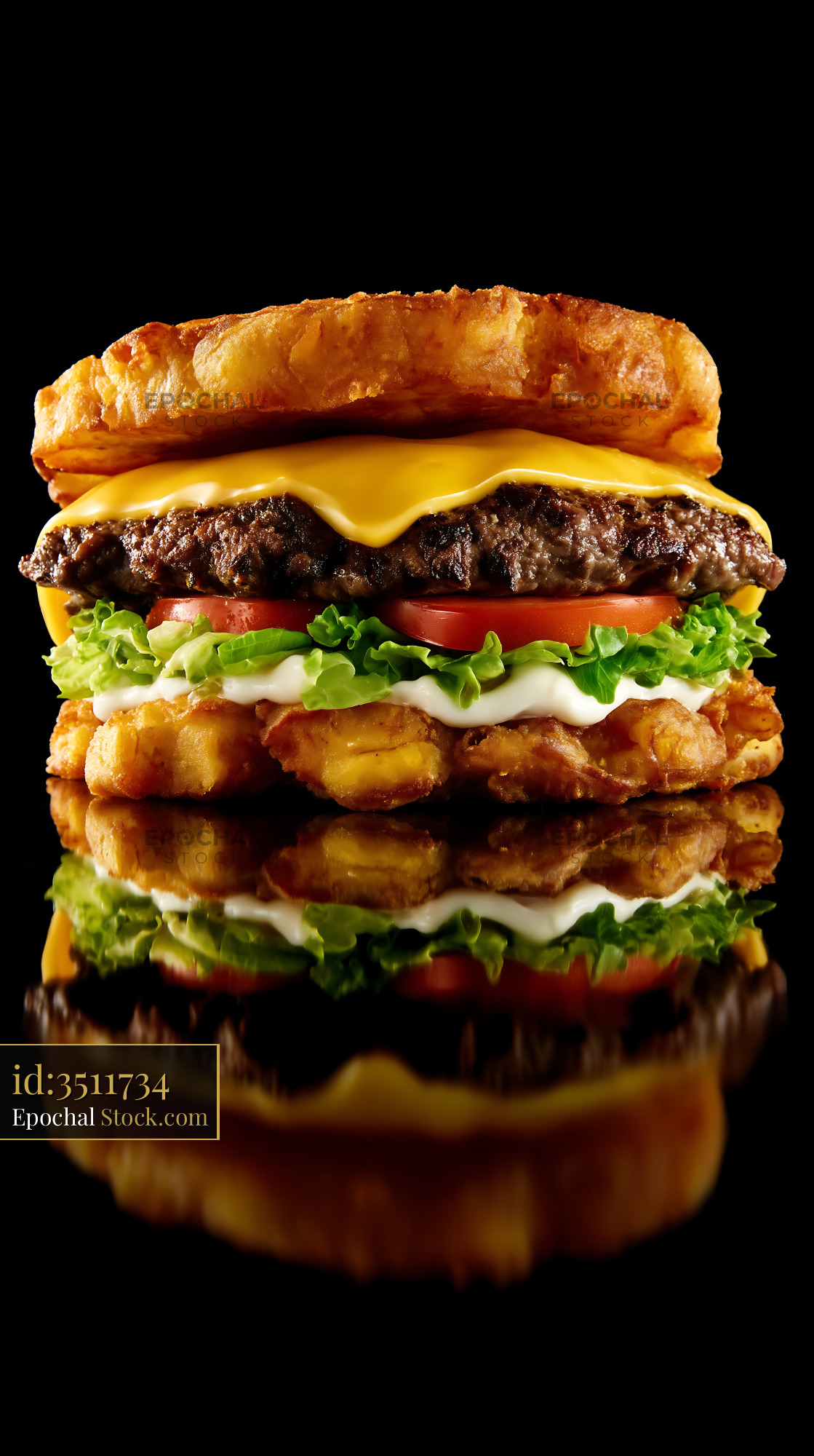 Gourmet Croissant Burger with Waffle Fries - stock photo