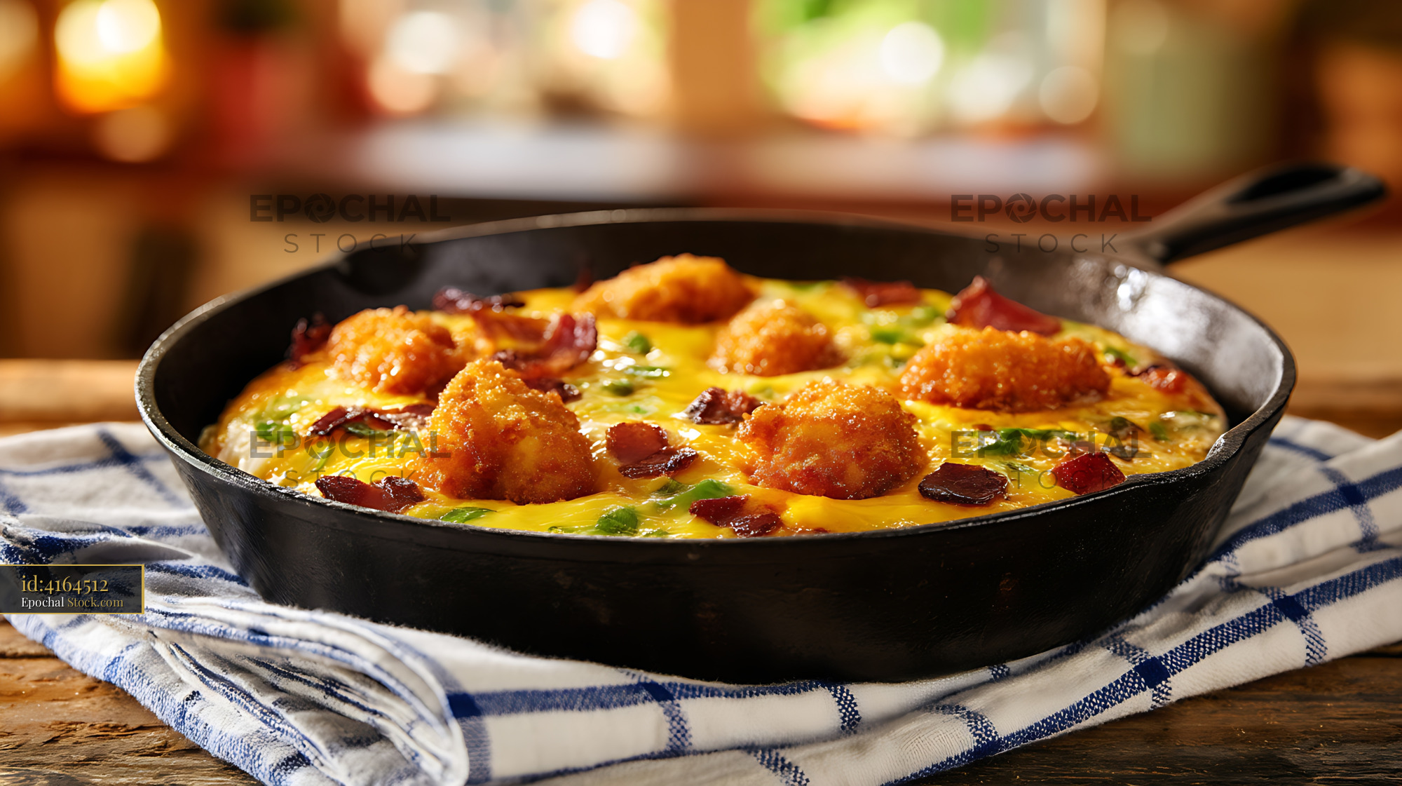 Shrimp and Bacon Frittata in Cast Iron Skillet - stock photo